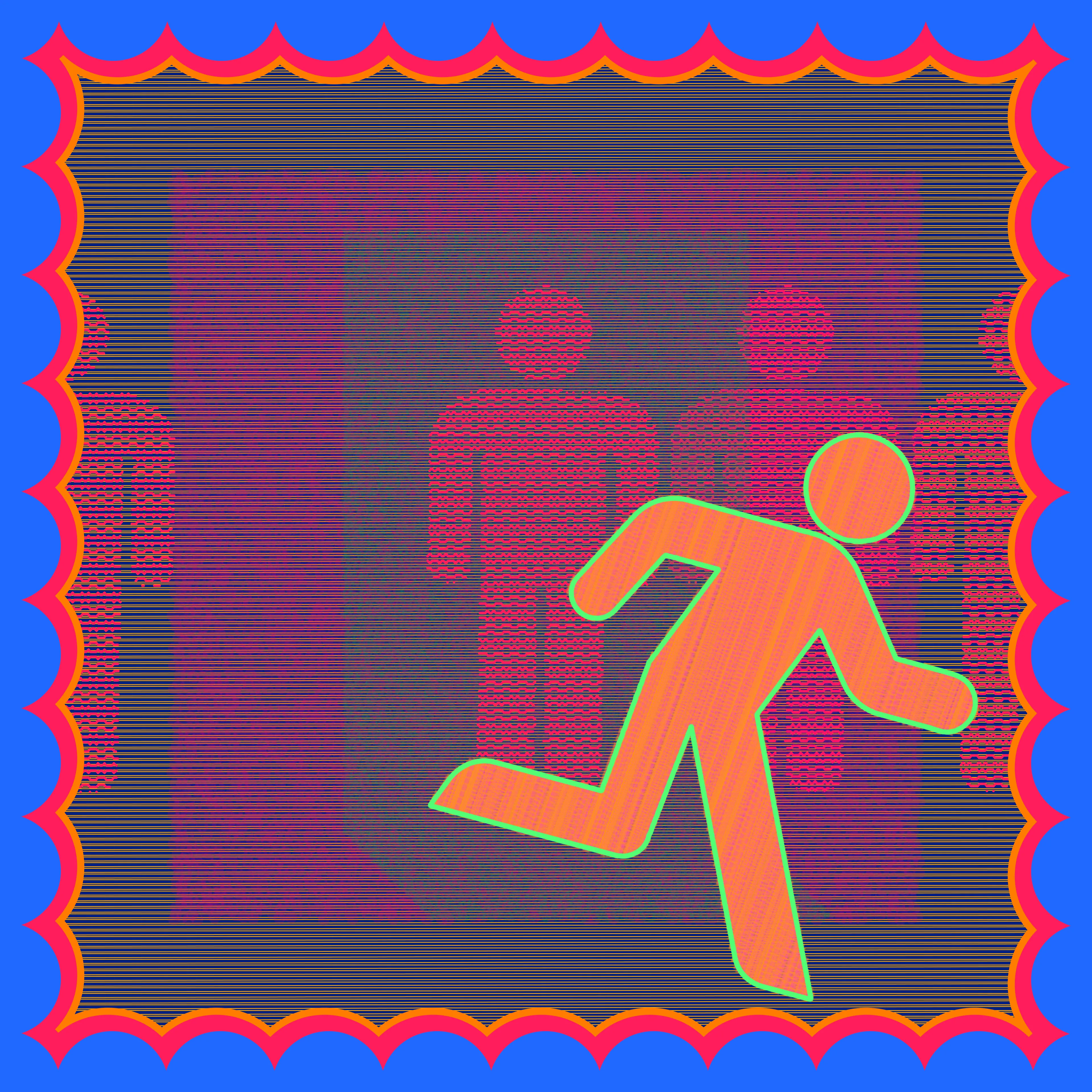 Created as an extension of investigating the door as a symbol in both the artist's life and broader culture. The artist creates his digital paintings using custom software. He selects and changes variables by hand, layering the output of the generative algorithms he's been writing since 2014. This process allows him to more rapidly and accurately manifest the vision in his mind's eye, compared to the physical materials he began his artistic career with over 20 years ago. After Yukio Ota's ISO Standard exit sign.