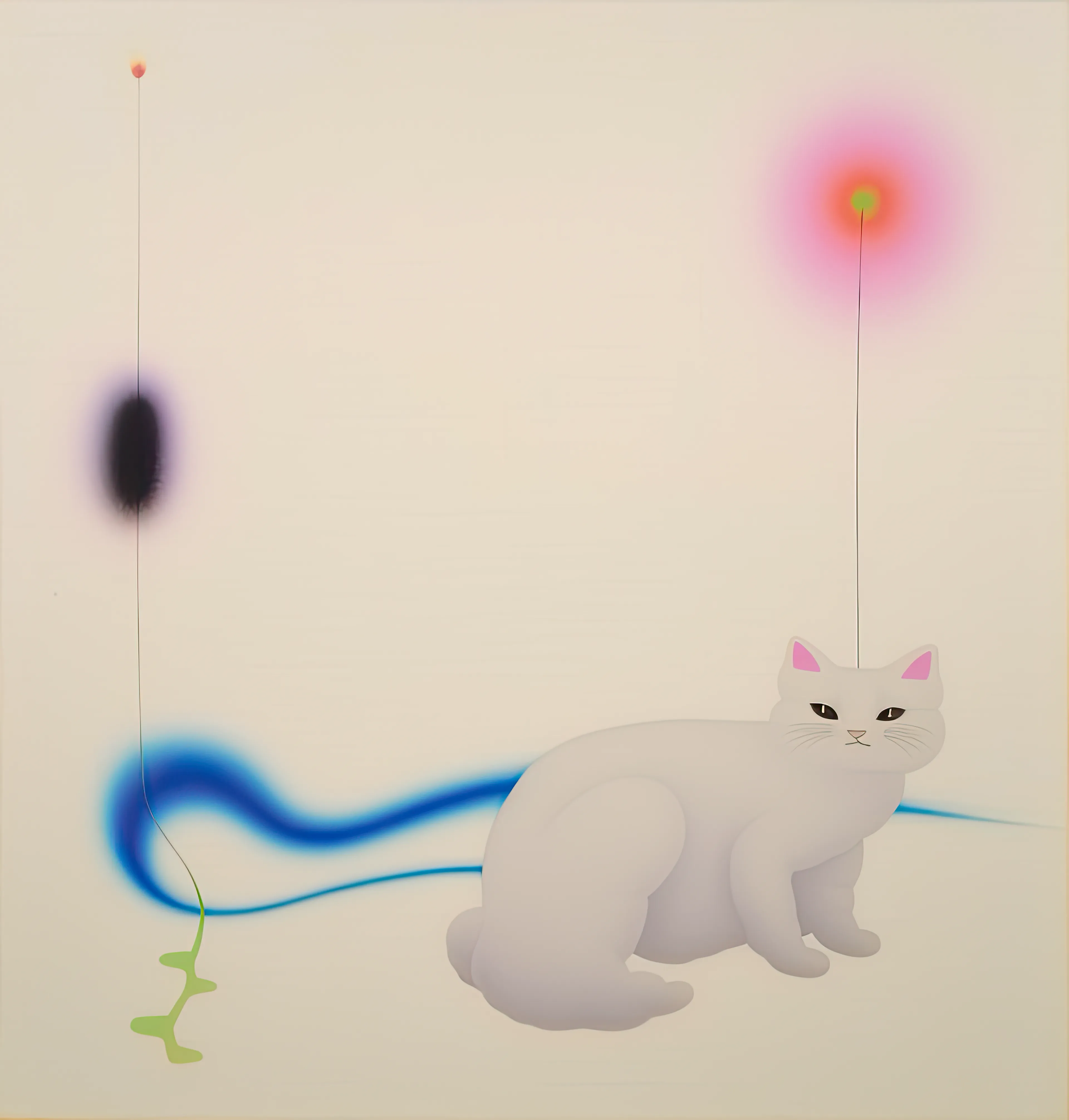 A mystical white cat, a metaphorical embodiment of our untamed desires and elusive aspirations, emerges in a dreamy, minimalist composition. It beckons us to explore the enigmatic corridors of our minds, where imagination intertwines with reality, and the intangible whispers of possibility dance with the ethereal shadows of our existence.