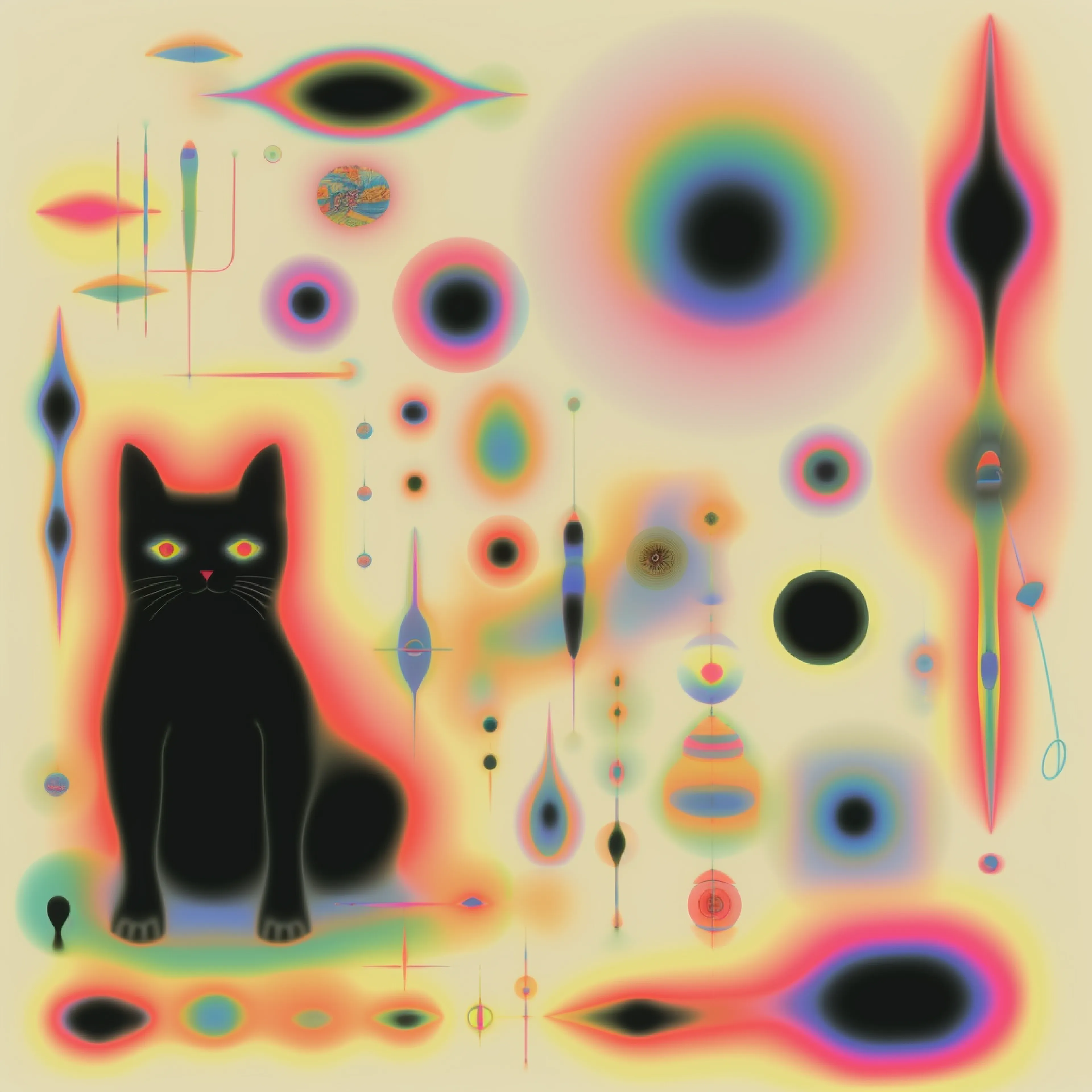 Within dreamy hues, Piper, the Black Cat, emerges—a blur of magical intrigue. Shadows dance, evoking enigma, as ethereal colors entwine, revealing secrets untold.