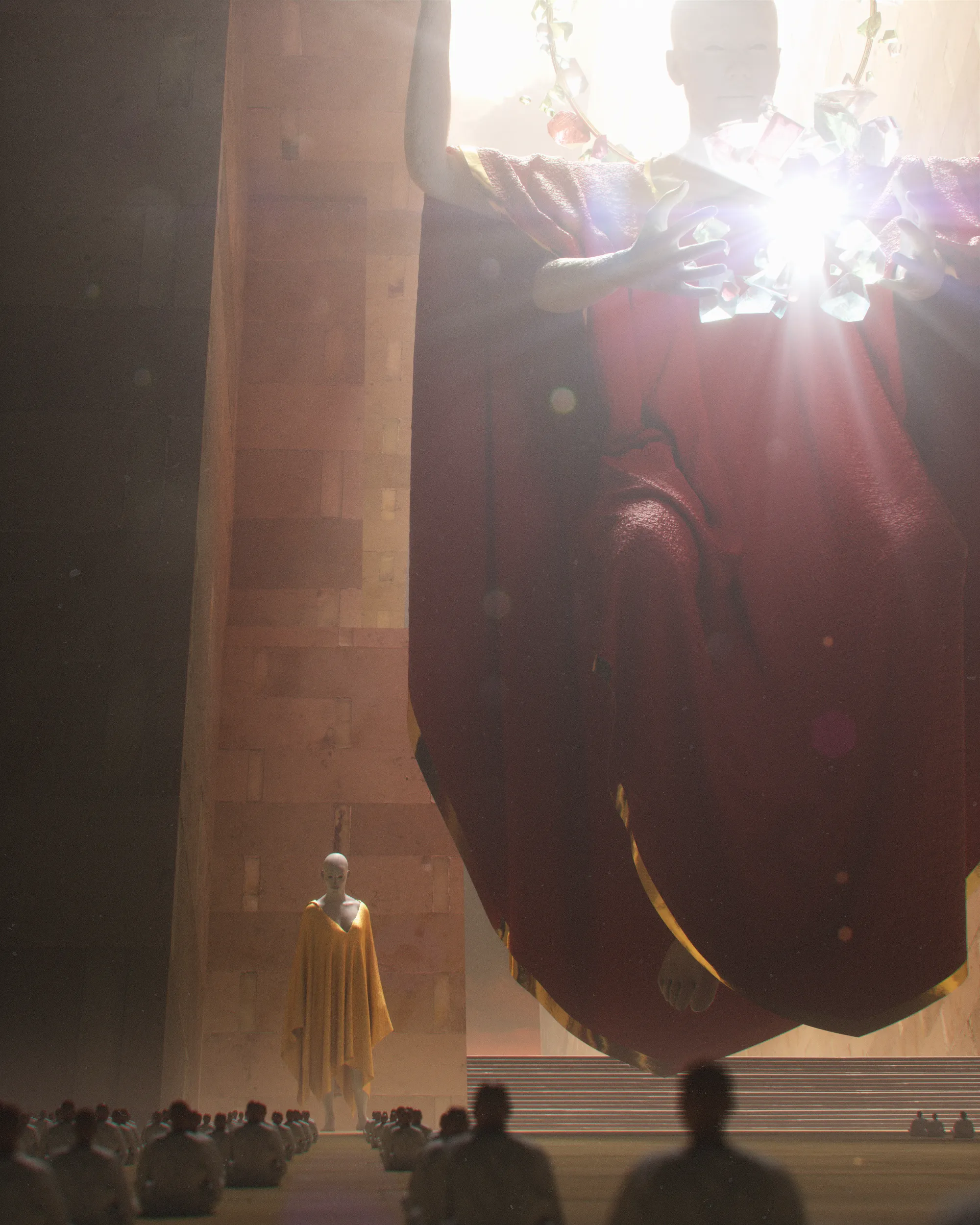 The two Helpers, draped in gold cloaks that shimmered like the rays of a distant star, stood sentinel on either side of the colossal being. Their presence was both regal and comforting as they observed the crowd with unwavering vigilance.