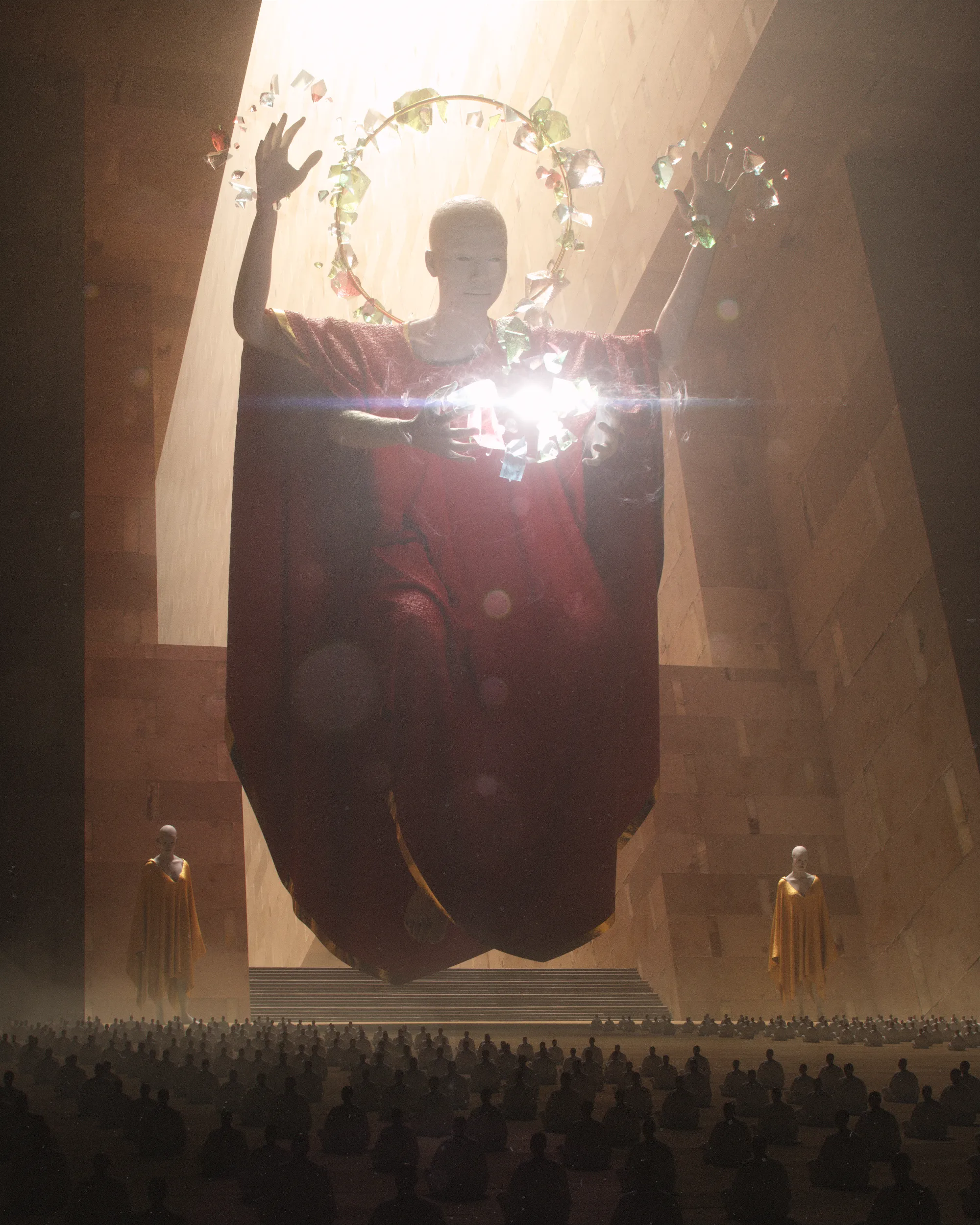 As she ascended, the very air within the space resonated with an energy, echoing a power that permeated every inch of this sacred space. The atmosphere held a serene reverence, as if time itself bowed before the eternal presence.