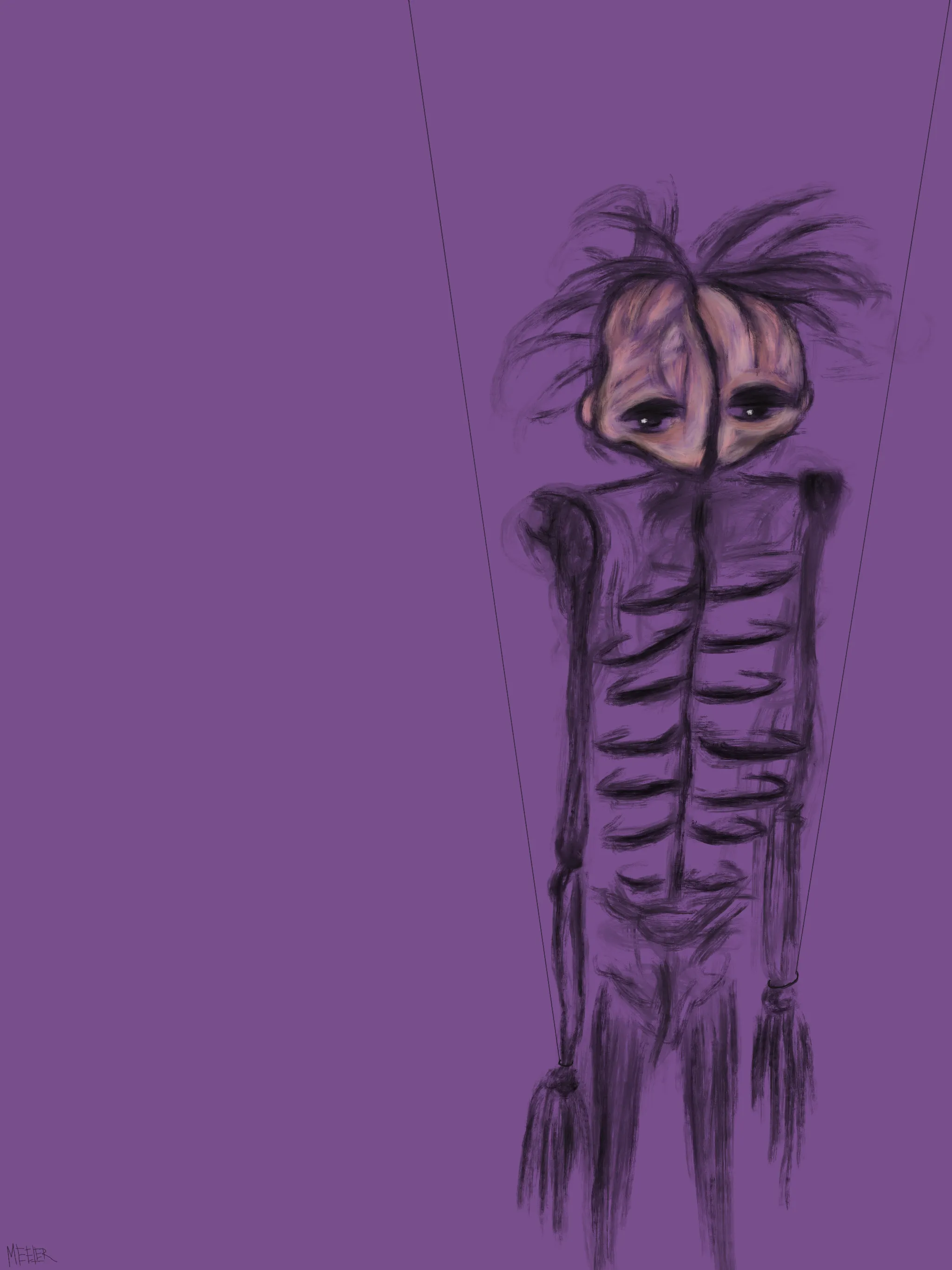 Exiskelism, a character of the Meeler world, embodies an exploration of existentialism. Within the enigmatic labyrinth of existence, Exi grapples with the relentless question of what truly holds significance in life. This world is so confining yet freeing at the same time, creating an existential duality that sends tremors of anxiety throughout his being. The relentless struggle within his mind ultimately transmutes his very form, rendering him skeletal, devoid of a mouth – a haunting, visceral reflection of his inner turmoil. In an eerie paradox, his newfound skeletal countenance manifests the chaos within, harmonizing his psyche and body. In his acceptance of this haunting numbness, Exi strides forward on his journey through life, an embodiment of existential contemplation etched into his very essence.