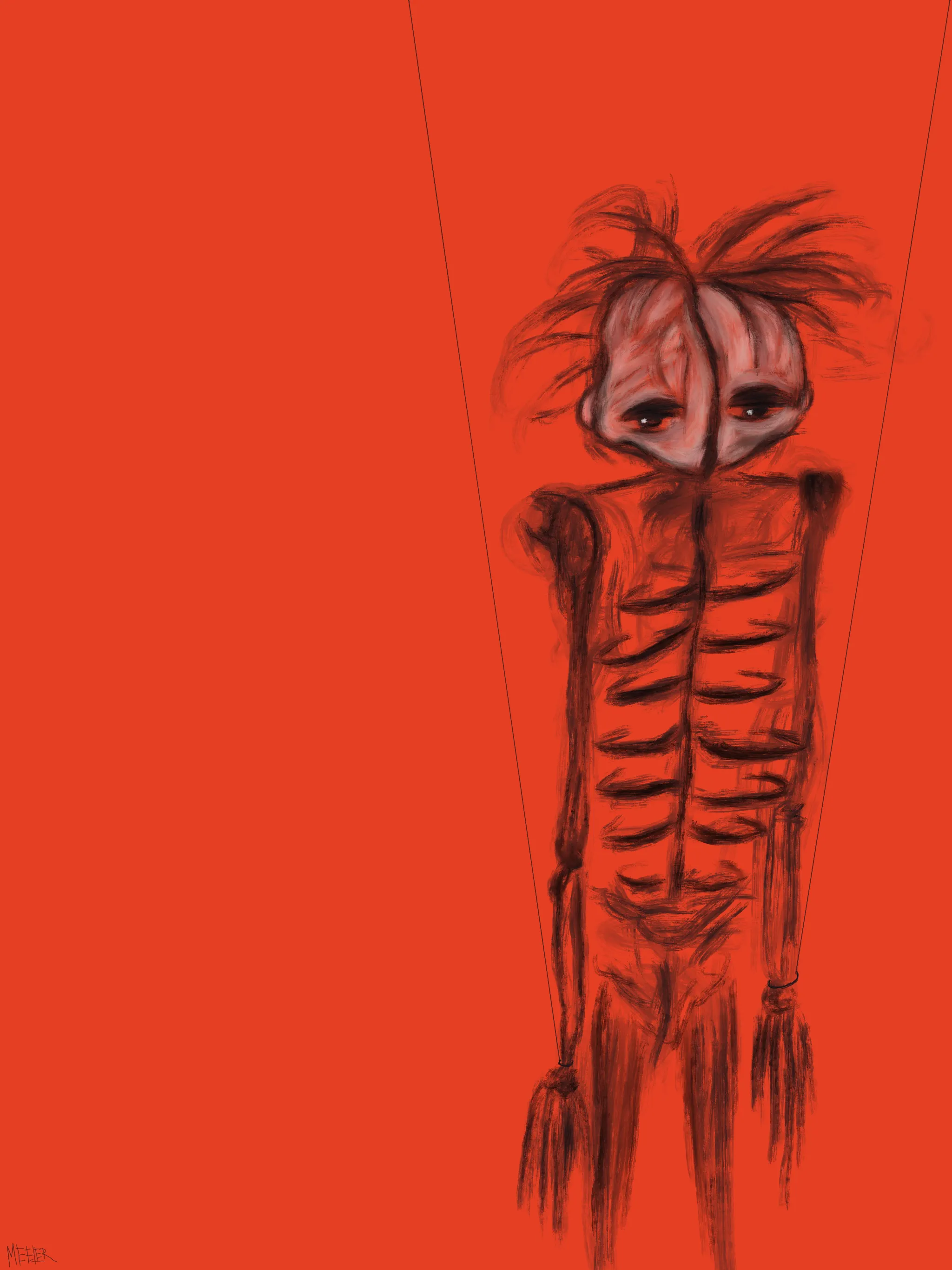 Exiskelism, a character of the Meeler world, embodies an exploration of existentialism. Within the enigmatic labyrinth of existence, Exi grapples with the relentless question of what truly holds significance in life. This world is so confining yet freeing at the same time, creating an existential duality that sends tremors of anxiety throughout his being. The relentless struggle within his mind ultimately transmutes his very form, rendering him skeletal, devoid of a mouth – a haunting, visceral reflection of his inner turmoil. In an eerie paradox, his newfound skeletal countenance manifests the chaos within, harmonizing his psyche and body. In his acceptance of this haunting numbness, Exi strides forward on his journey through life, an embodiment of existential contemplation etched into his very essence.