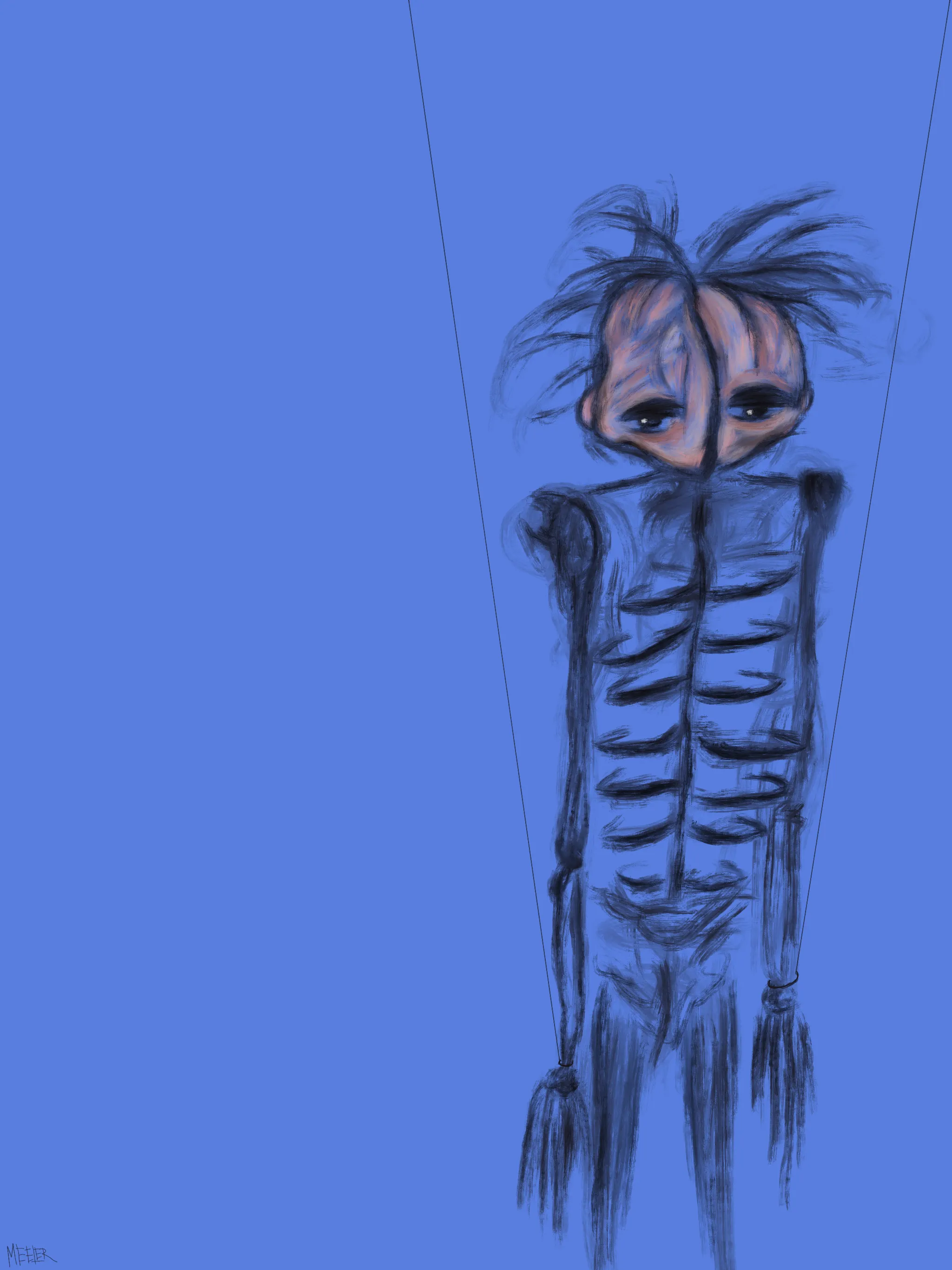 Exiskelism, a character of the Meeler world, embodies an exploration of existentialism. Within the enigmatic labyrinth of existence, Exi grapples with the relentless question of what truly holds significance in life. This world is so confining yet freeing at the same time, creating an existential duality that sends tremors of anxiety throughout his being. The relentless struggle within his mind ultimately transmutes his very form, rendering him skeletal, devoid of a mouth – a haunting, visceral reflection of his inner turmoil. In an eerie paradox, his newfound skeletal countenance manifests the chaos within, harmonizing his psyche and body. In his acceptance of this haunting numbness, Exi strides forward on his journey through life, an embodiment of existential contemplation etched into his very essence.