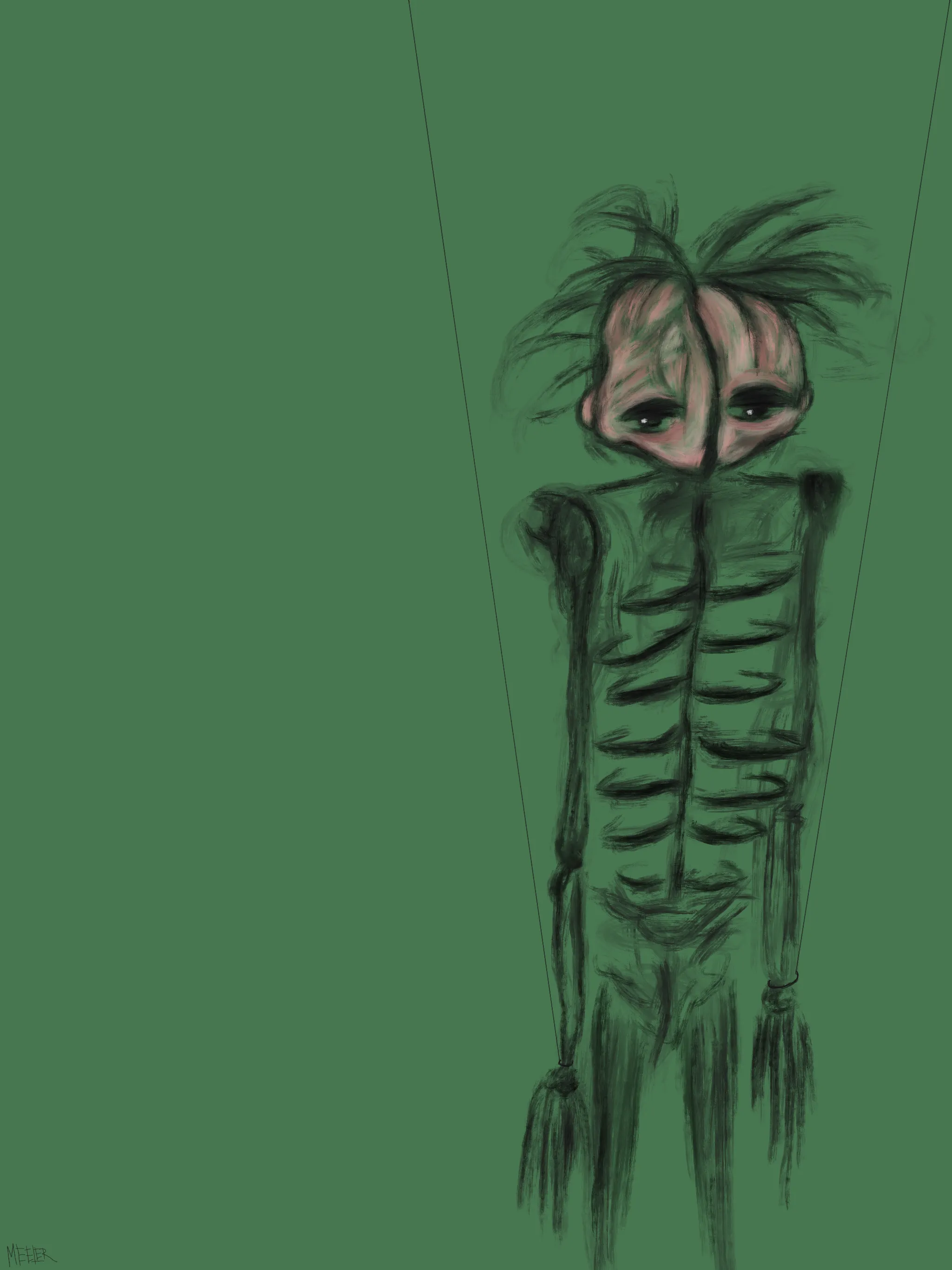 Exiskelism, a character of the Meeler world, embodies an exploration of existentialism. Within the enigmatic labyrinth of existence, Exi grapples with the relentless question of what truly holds significance in life. This world is so confining yet freeing at the same time, creating an existential duality that sends tremors of anxiety throughout his being. The relentless struggle within his mind ultimately transmutes his very form, rendering him skeletal, devoid of a mouth – a haunting, visceral reflection of his inner turmoil. In an eerie paradox, his newfound skeletal countenance manifests the chaos within, harmonizing his psyche and body. In his acceptance of this haunting numbness, Exi strides forward on his journey through life, an embodiment of existential contemplation etched into his very essence.