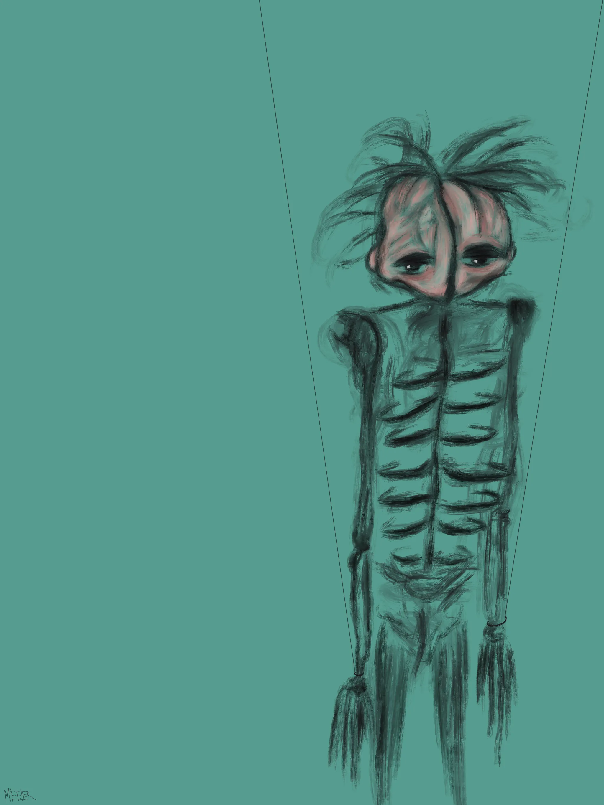 Exiskelism, a character of the Meeler world, embodies an exploration of existentialism. Within the enigmatic labyrinth of existence, Exi grapples with the relentless question of what truly holds significance in life. This world is so confining yet freeing at the same time, creating an existential duality that sends tremors of anxiety throughout his being. The relentless struggle within his mind ultimately transmutes his very form, rendering him skeletal, devoid of a mouth – a haunting, visceral reflection of his inner turmoil. In an eerie paradox, his newfound skeletal countenance manifests the chaos within, harmonizing his psyche and body. In his acceptance of this haunting numbness, Exi strides forward on his journey through life, an embodiment of existential contemplation etched into his very essence.
