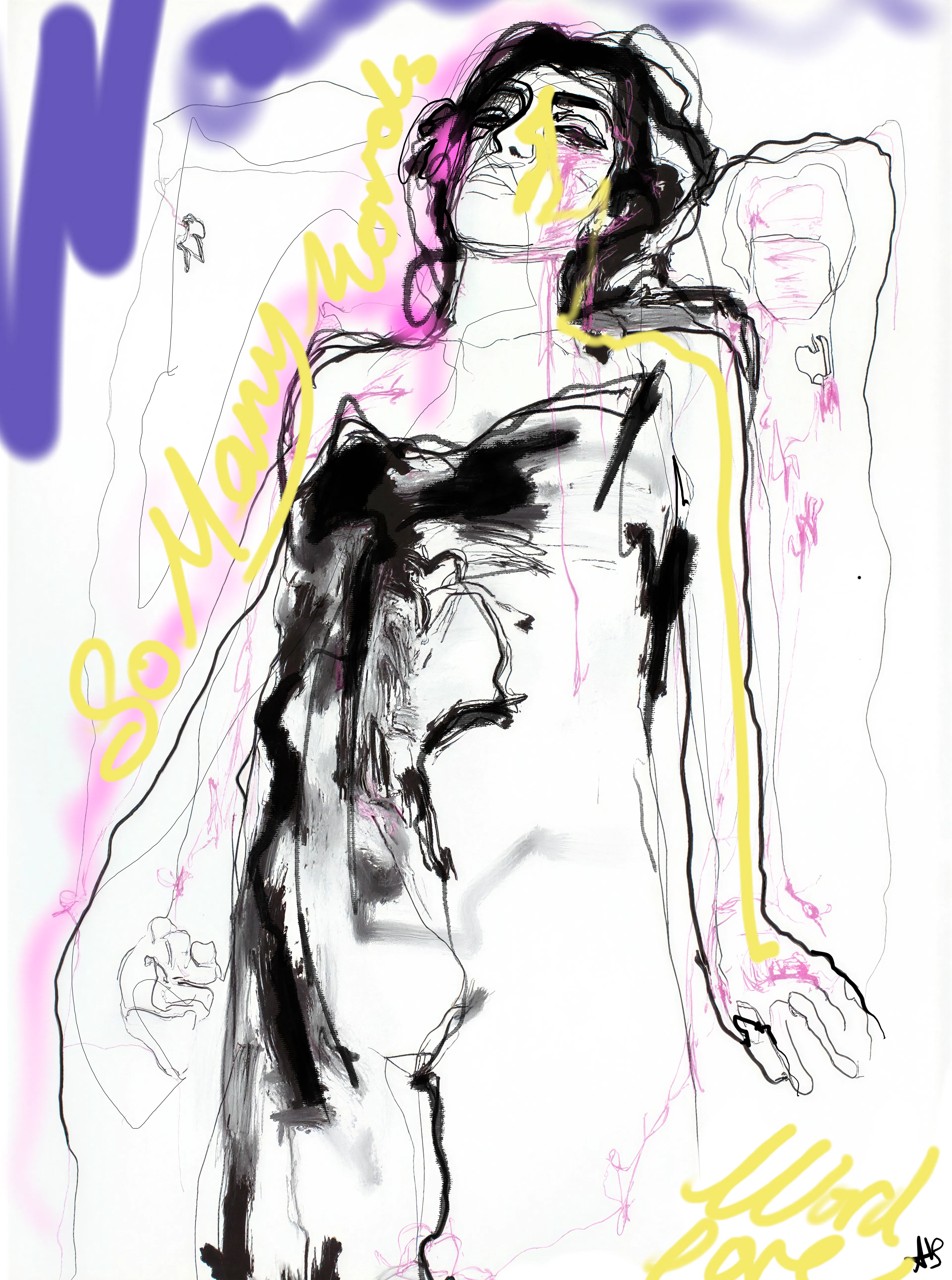 She lies suspended in a bed of exhausted language —
a figure who has swallowed too many words,
too many takes,
too many opinions,
too many threads,
too many collective hallucinations.

Every glowing yellow curve on her body is a swallowed sentence,
a hot line of text digested into energy.
She consumes narratives the way whales consume liquidity.

The pink scribble-people drifting around her
are the voices she has eaten —
followers, critics, collectors, prophets, haters —
each one reduced to a faint outline.

The purple haze above her?
That’s the atmosphere of perpetual discourse —
the fog of “takes” that never stops,
the cloud of language that Web3 breathes.

She is overfull, overwhelmed, and overfed
by meaning itself.

Crypto gave her everything to devour,
and now she can barely move.

She is the cost of living in a world
where everything is commentary.