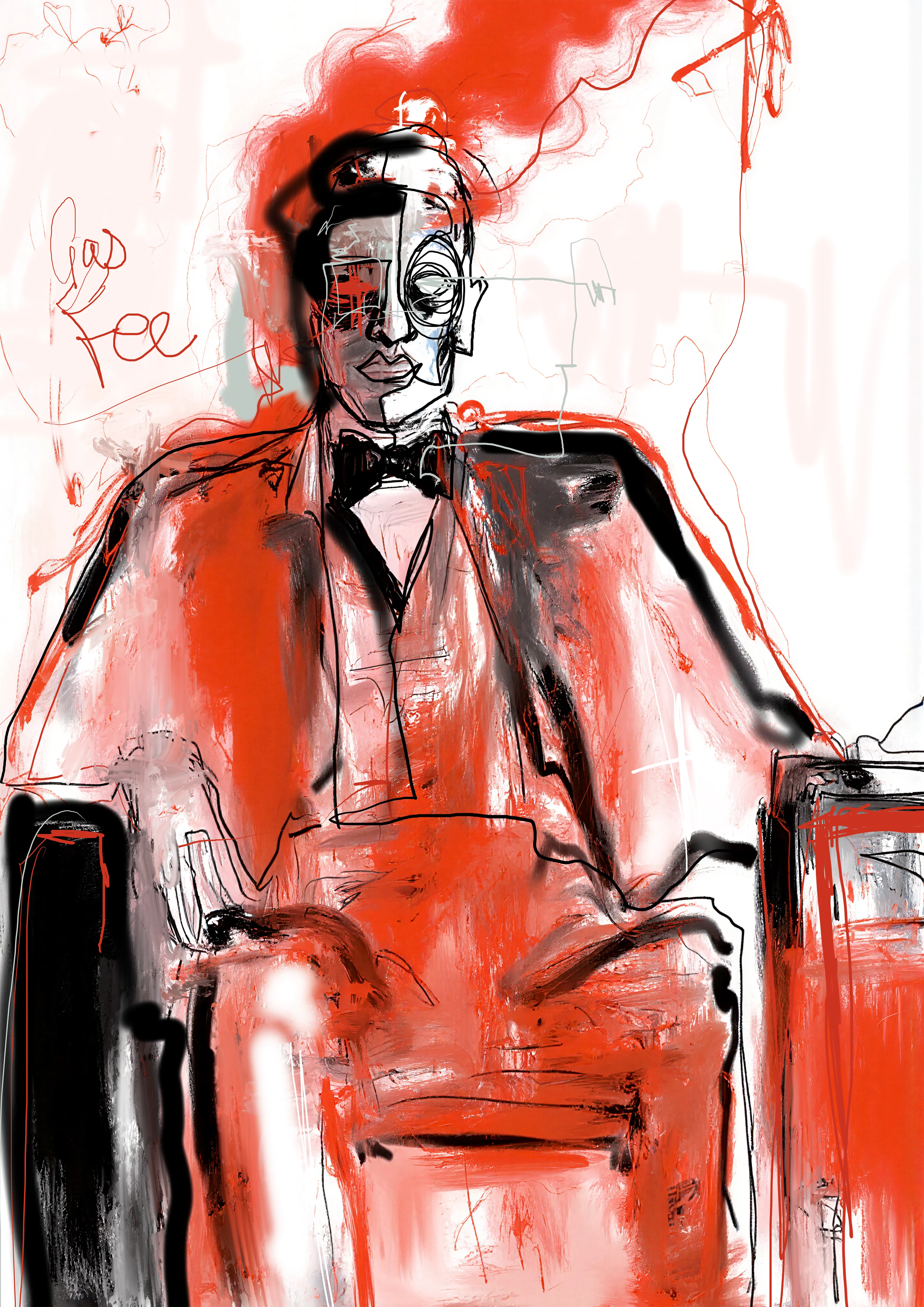 He sits like a sovereign of the attention economy —
calm, composed, immovable.

Collectors like him don’t chase trends.
They create them.

His suit bleeds into the background like wet paint,
because collectors and markets are indistinguishable —
one colours the other.

The red haze above him is not smoke —
it’s market pressure,
the slow burn of silent decisions,
the tension of watching the chain move around his choices.

His left eye is a vortex of circles,
the analytical spiral of a man who sees deeper than price:

provenance

cultural weight

artistic soul

long-term resonance

This is not speculation.
This is vision.

The scribbled text “Gas Fee” behind him is perfect:
he moves so much weight that even gas fees feel like mere atmospheric noise.

Behind him:
ghost outlines of artworks he has collected,
artworks he has rejected,
and artworks haunting him from future eras.

He is the quiet engine of the digital renaissance.
Without him — none of this exists.