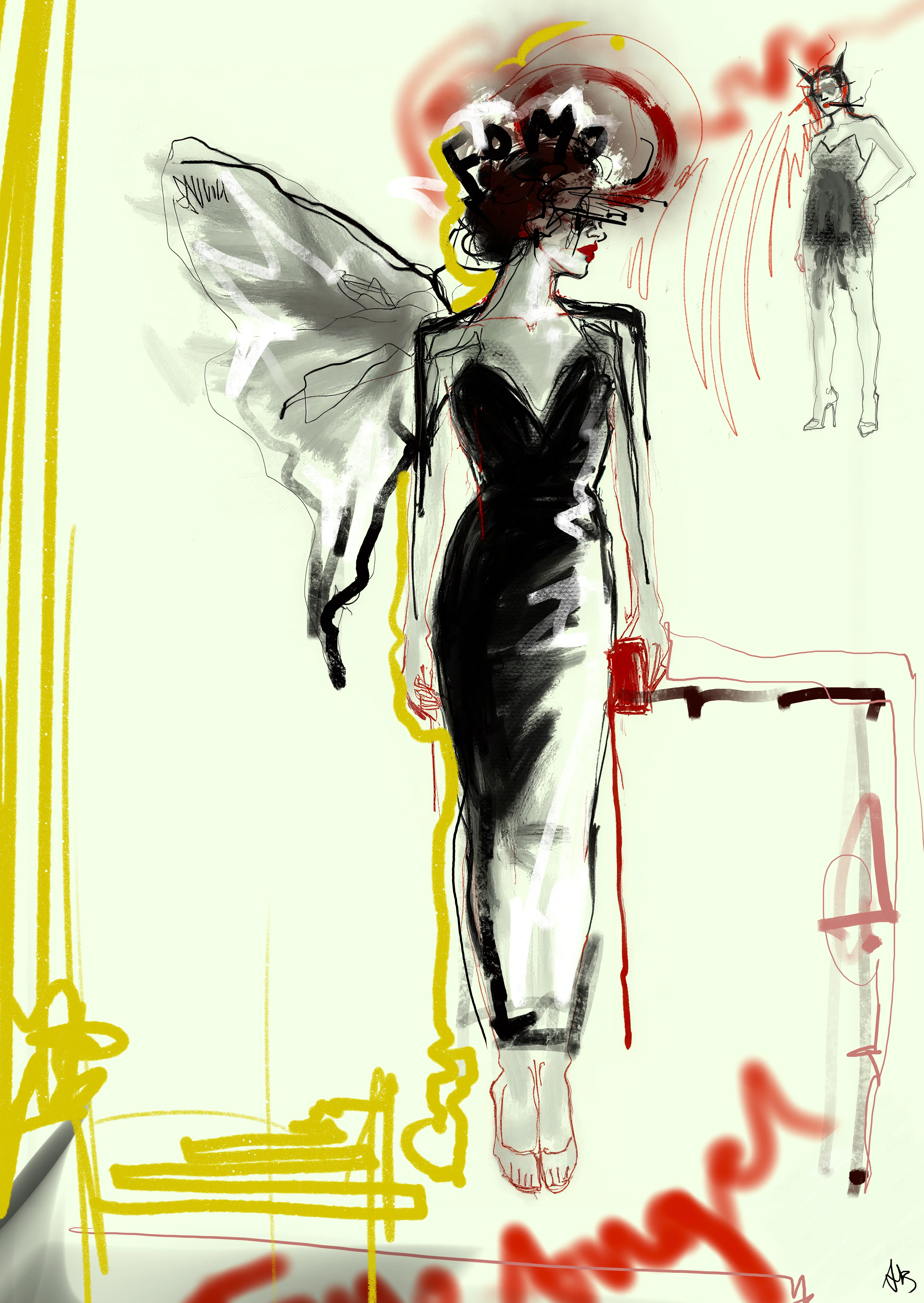 She is the divine embodiment of sudden urgency —
the angel who appears when a tweet drops,
a mint opens,
a floor rises,
a cultural shift crackles through the mempool.

Her wings aren’t feathers —
they’re white noise,
pure, frantic signal static,
the rushing sound of a thousand wallets refreshing the same page.

She hovers above the ground,
bare feet suspended in an unnatural stillness,
because FOMO doesn’t walk —
it levitates.

Above her head:
a halo made of panic spirals,
circles of red and yellow heat,
and the screaming word FOMO
burning like neon scripture.

Her torso is sculpted into couture-black ink,
elegant and dangerous,
as if desire itself has been sewn into her silhouette.

The red line she holds is an alert,
a notification,
a sudden ping that pulls mortals out of their rational mind.

The small sketch of her to the side is her reflection in someone else’s timeline.
Shadow versions of her appear everywhere —
in DMs, in Discord, in trending tabs —
a fractal haunting.

She is not here to help.
She is here to ignite.

She whispers:
“Mint now.
Buy now.
Join now.
Everyone else already has.”

Few can resist her.
No one forgets her.