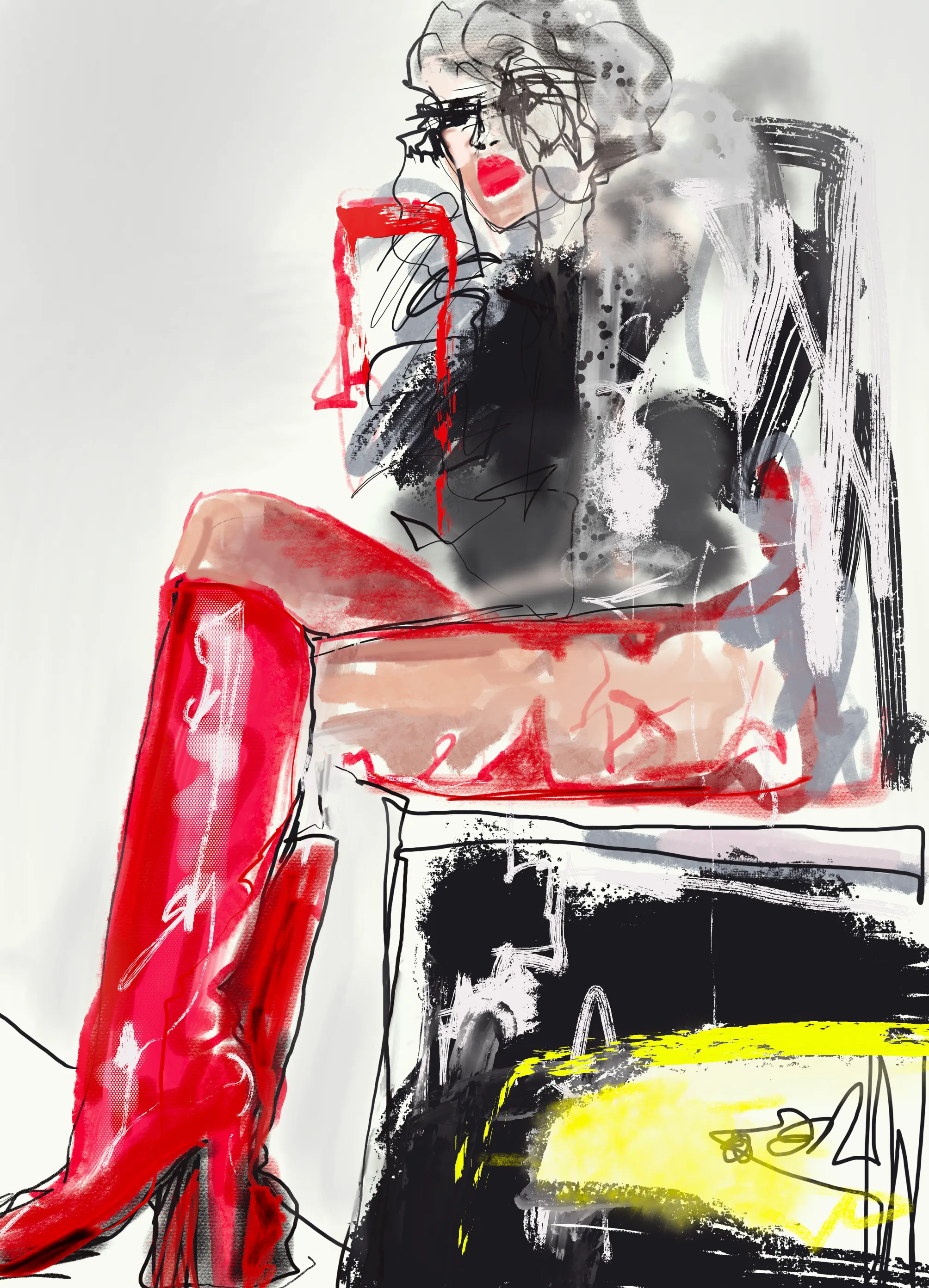 She sits with the confidence of someone who has rewritten the numbers so many times she has forgotten which story was true.
Her red boots are a warning flare —
a glamorous distraction flashing across the chain.

She paints volume in the air with one hand
while the other disappears into the smoke of her own making.
Every stroke of her presence is a double transaction:
one for the world to see,
one buried in the dark ledgers beneath her.

She is not here to play fair.
She is here to create the illusion that becomes reality.