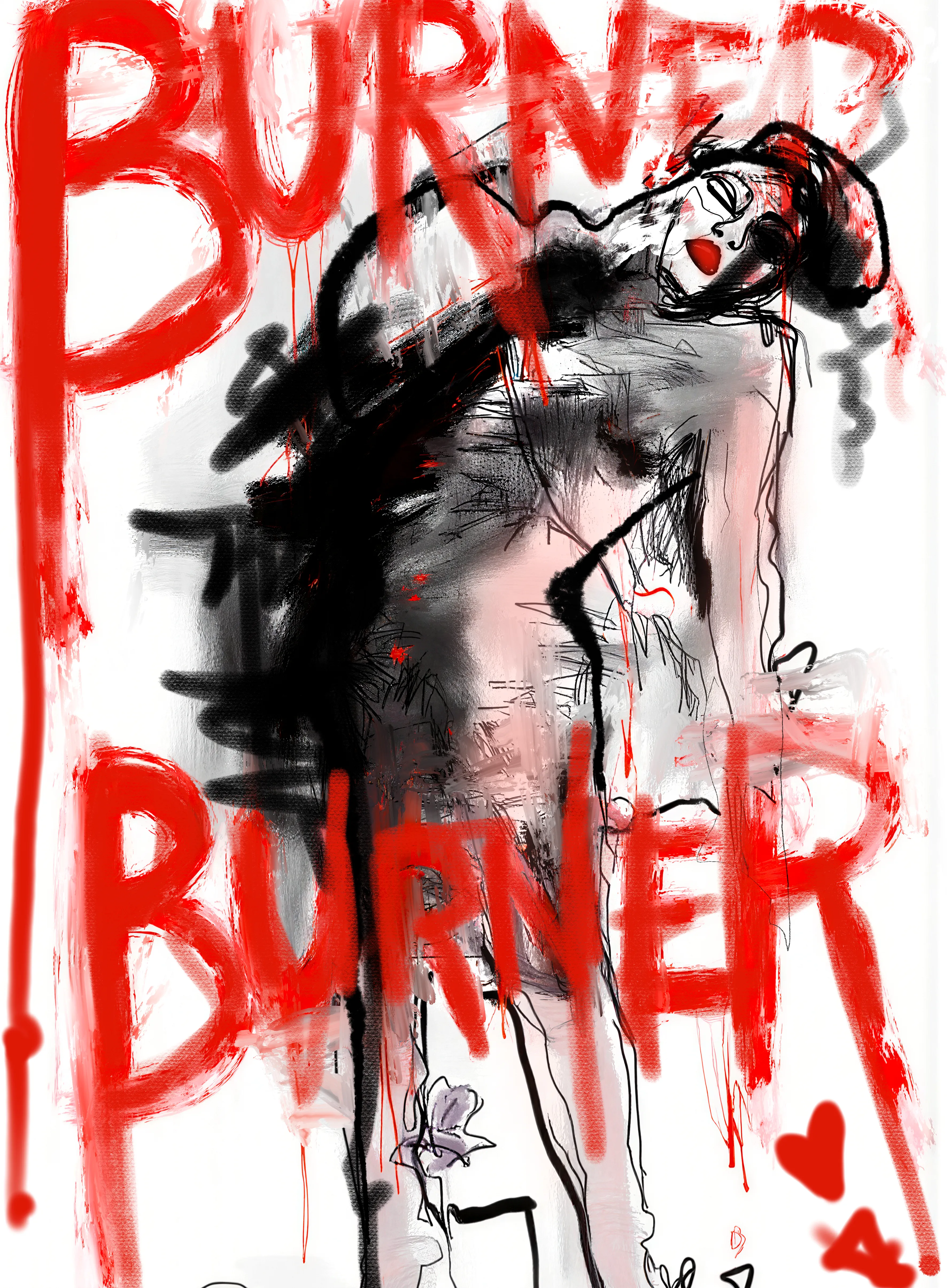 She was never built to last
a fleeting ghost of liquidity,

Her ink-scorched torso bears the marks
of every moment she was activated,
every secret she carried,
every impulse she executed on behalf of a stranger.

The word BURNER screams above and below her
like a warning and a confession.

Burners don’t get provenance.
Burners don’t get legacy.
Burners get erased.

And yet she stands here,
half divine,
the chain’s most disposable angel.