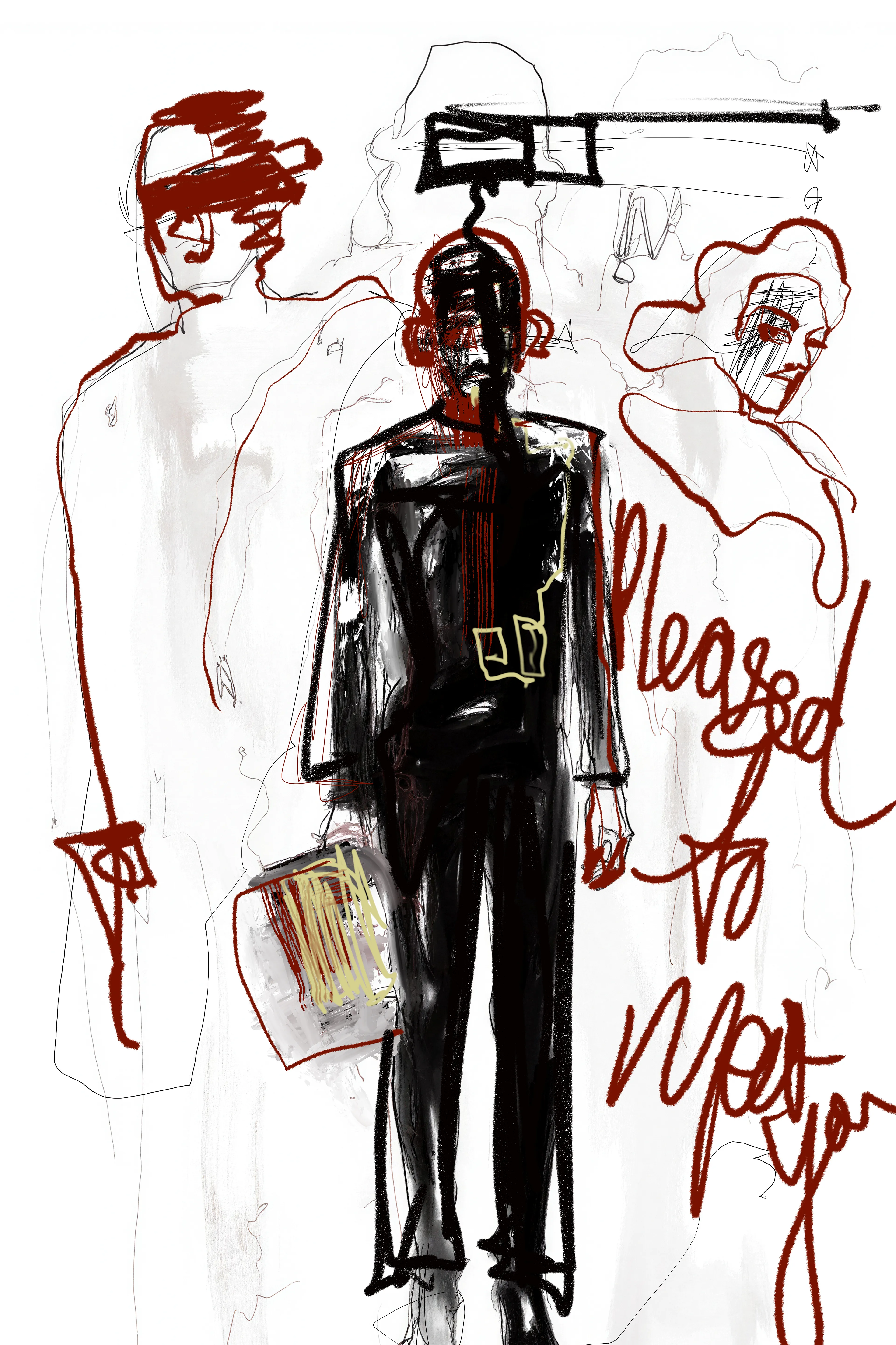 He greets you like he means it,
but the room knows better.
Curators always see three layers deeper —
the work, the story, the currency of your name.

The ghost crowd behind him is the whisper network,
the silent committee every artist performs for.
He holds the list.
He holds the door.
And he decides who walks through it.