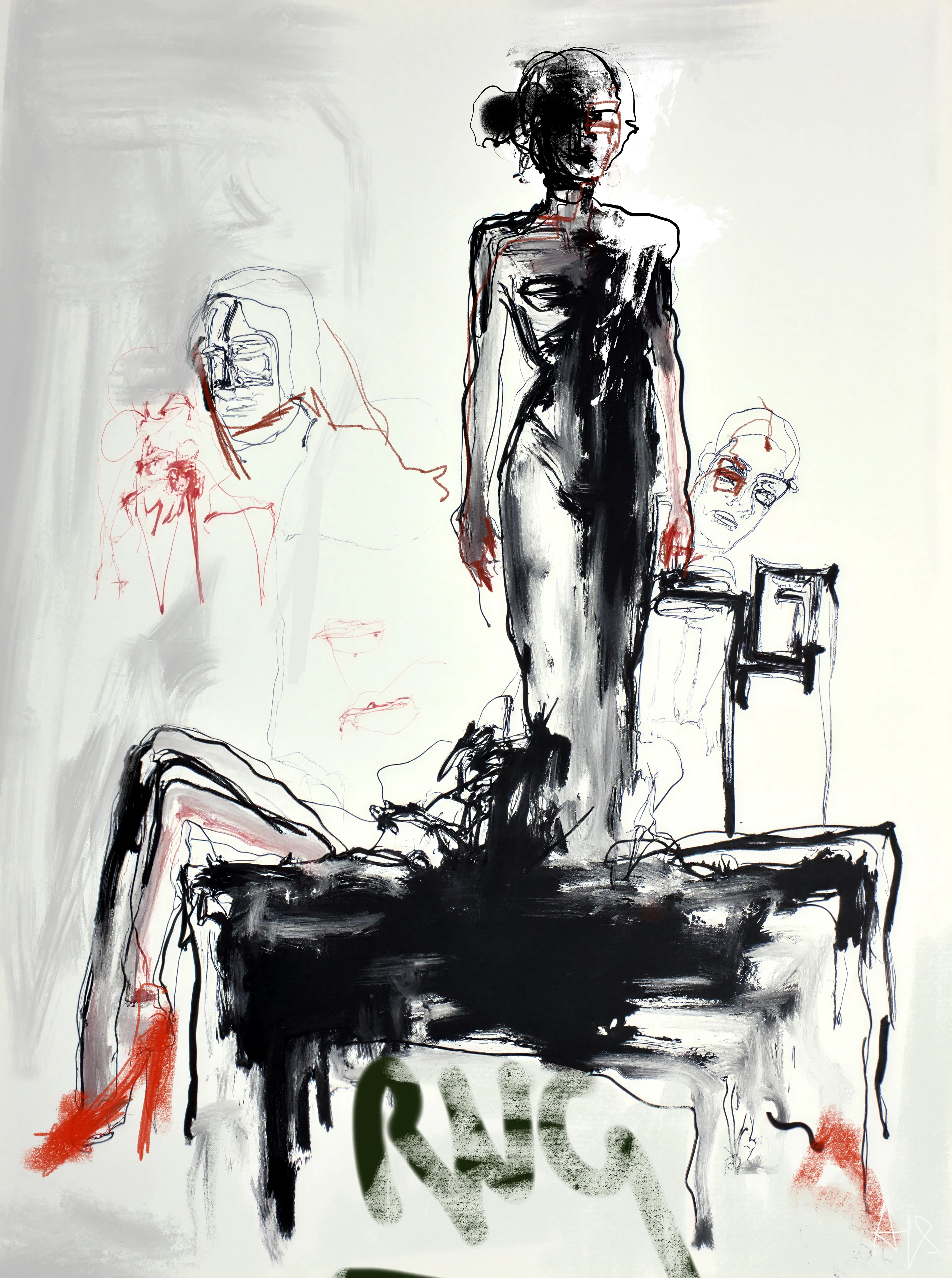 She stands on the table she built from her own wreckage —
a platform made of ink, labour, ghosts, and survival.

Her body splits down the centre,
half shadow, half revelation,
caught between visibility and erasure
in a world that demands both.

The ghosts behind her are the critics, collectors,
abandoned versions of herself,
and the countless avatars she wore before the chain learned her name.

Beneath her feet: an altar of exhaustion,
red heels soaked in the labour of a thousand creations.

And below it all, one word scrawled like a threat:
RUG.
Not a crime she committed —
but a wound she survived.

She is the first and the last sovereign of her creation.
She does not participate in the system.
She is the system.

She is The Crypto Artist.