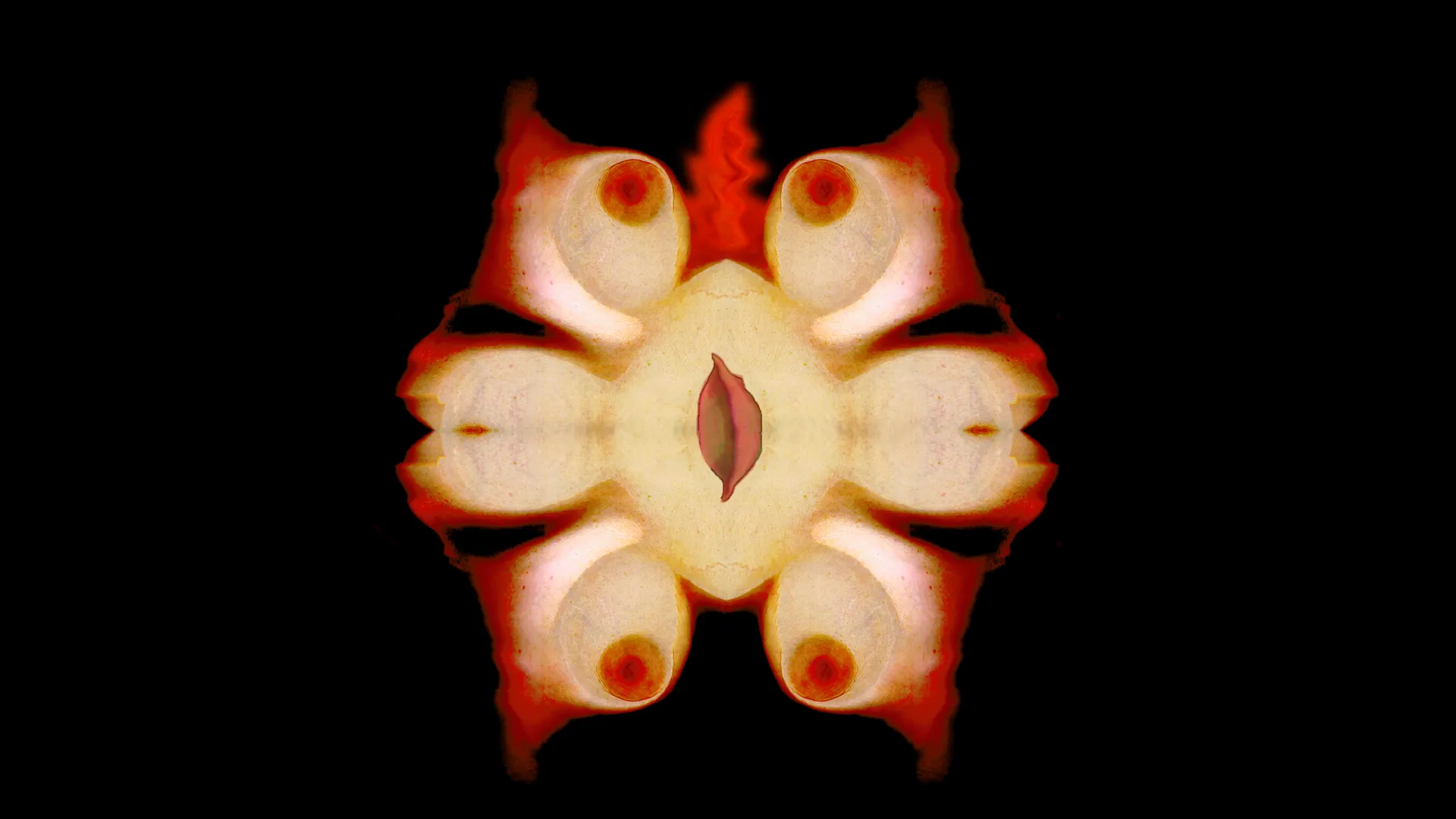 “Cyberflesh Girlmonster” (1994) is a macabre comedy of monstrous femininity. At the 1994 Adelaide Festival, 30 women donated body parts by scanning their chosen flesh and digitally recording sound. From these, conglomerate bodies were created, animated, assembled, and made interactive along with audio, biochemistry information, stories of aberrance, revenge, lust, and grief. From these original scans and monsters, Linda Dement creates “Cyberflesh Girlmonster — 4 Recuperated Stills,” (2022) reconfigured here as a special edition.