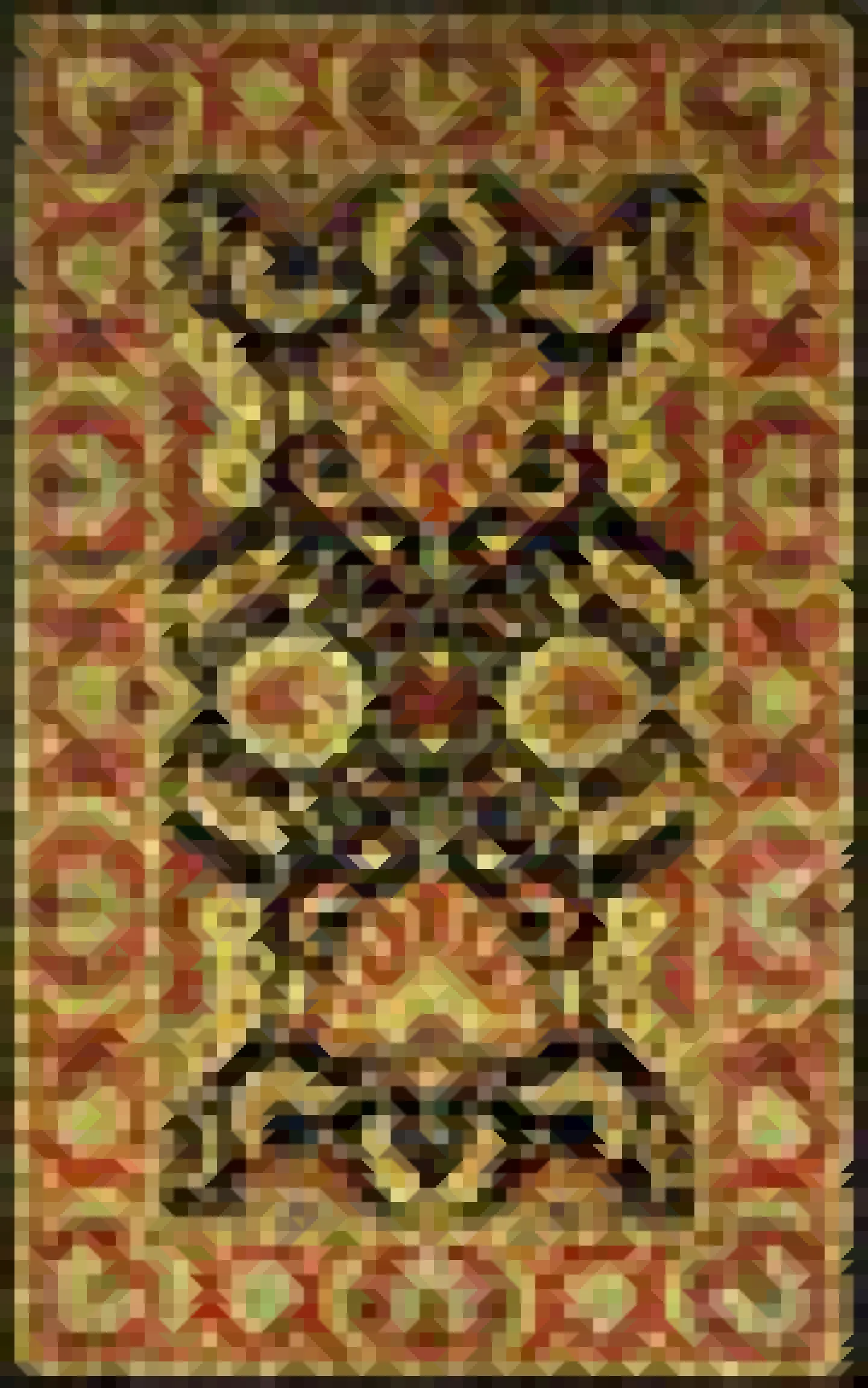 A found image (60×96 pixels) of a rug, enlarged factor 6 with my self-invented diagonal enlarger algorithm, then enlarged 4 times with a regular nearest neighbour enlarger.