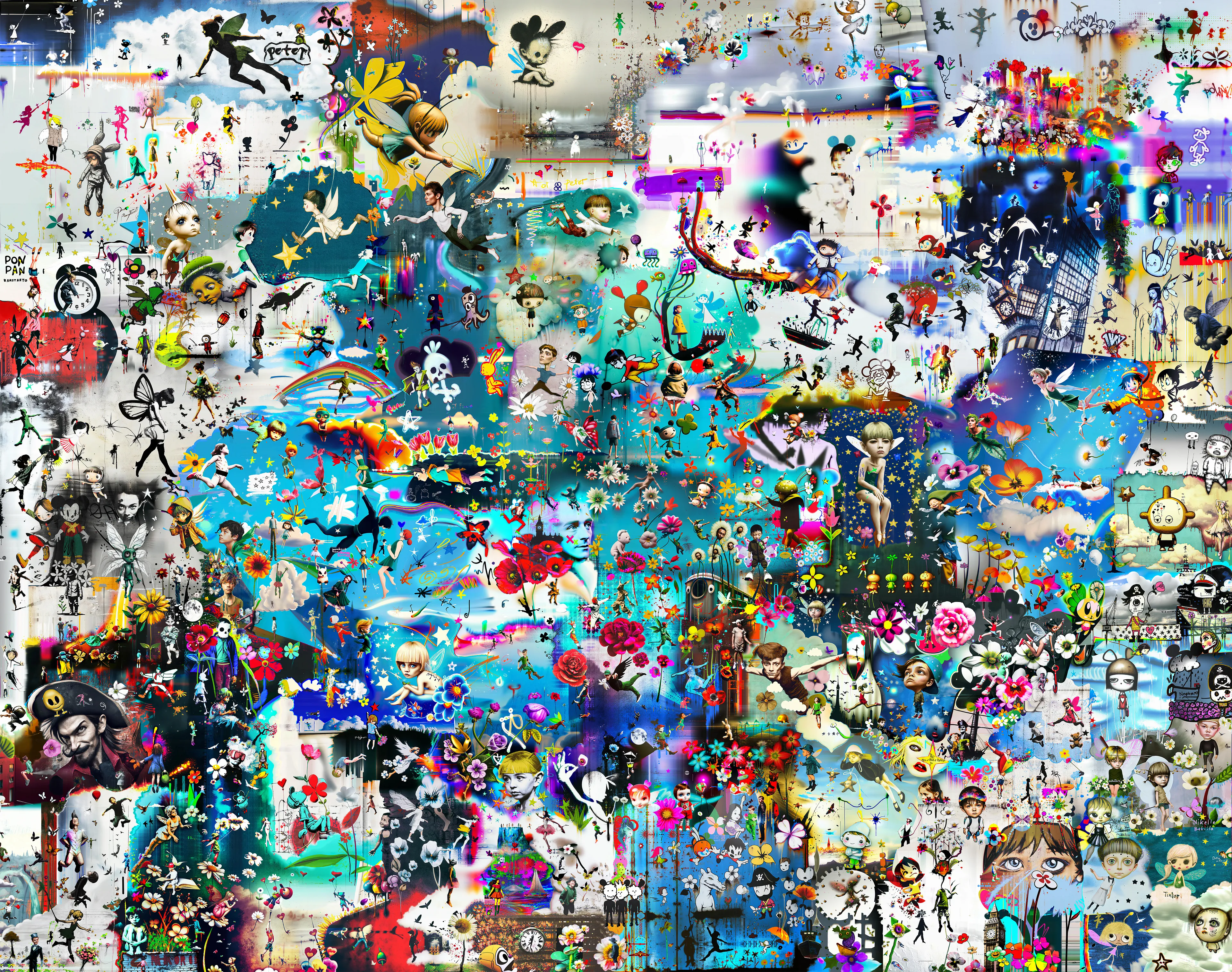 Introducing the entire Peter Pan series as a single epic piece of art. 

This artwork, at its soul is an experiment into what's now possible with artistic collaboration with a capable Artificially Intelligence parter.  

The soul of this piece is an exploration into how art can transition effortlessly between a multitude of artistic movements. 

From afar this piece is an expression of emotion through colors, and nature. Much in the style of Pollock and Willem de Kooning.

At a middle level distance the piece evokes memories of Horror Vacui and Hieronymus Bosch.

As you get closer, you are absorbed into endless details in the telling of the story of Peter Pan. 

At this level the artwork weaves seamlessly between essences of Takashi Murakami, Yoshitomo Nara, Banksy, Kaws, David Choe, with even some hints of Picasso sprinkled about. 

This artwork's native resolution is a massive 23,277 by 18,360.

1 of 1