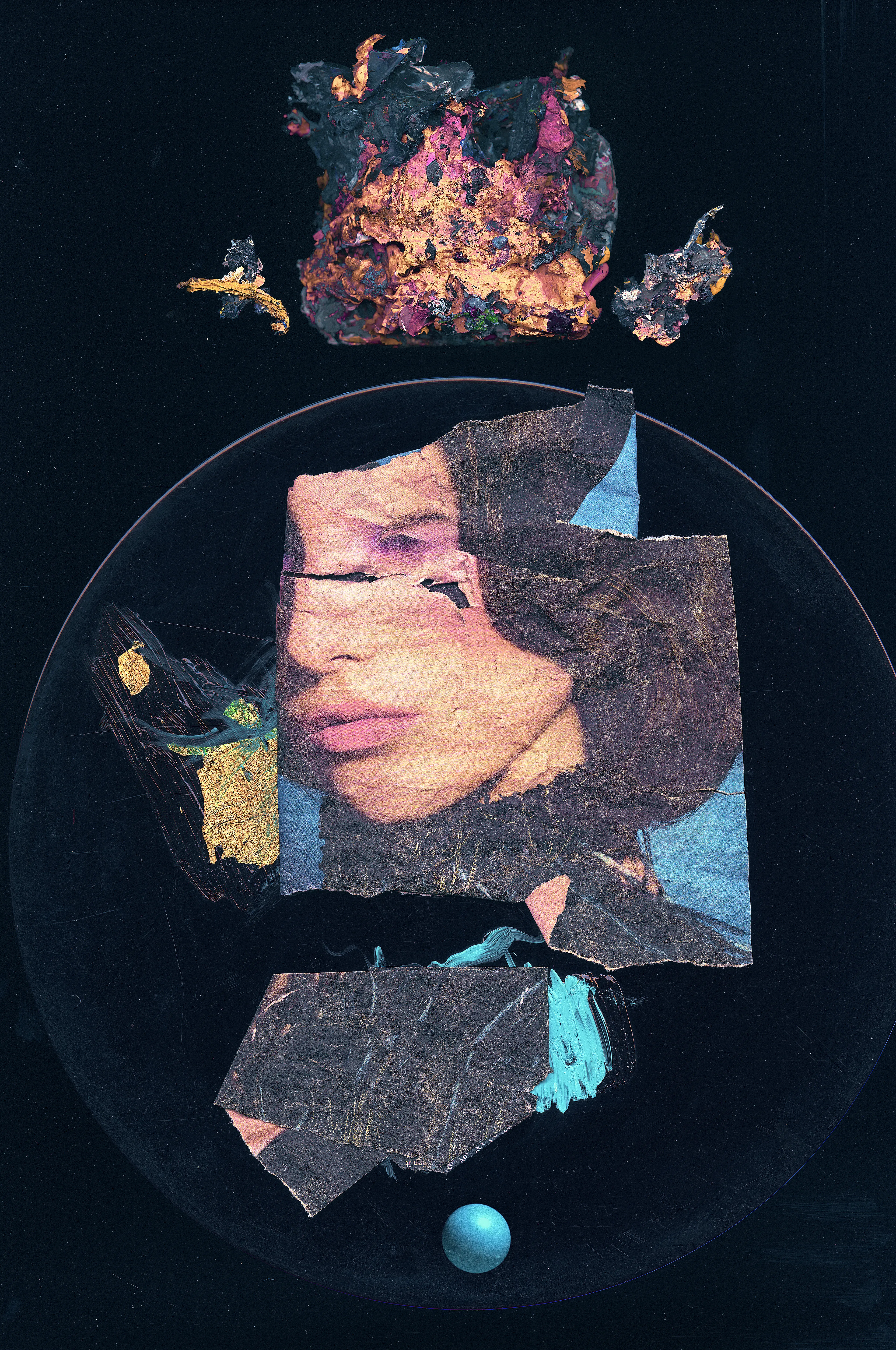 ABOUT - lathe-cut acetate dubplate 10inch record, printed paper, gold leaf, acrylic medium, paint gak pile, painted ping pong ball, acrylic paints, artists fingerprints. 14944  ×  21069 pixels - 122 x 167 cm - 48 x 66 inches @ 350dpi. 1/1 NFT + fine-art giclee print on Hahnemühle cotton rag - signed and titled by the artist. ABOUT 'THE PORTRAIT AUTOMATIC' SERIES - A collection of deconstructed, gravity-defying portrait sculptures - built from traditional fine-art materials and found objects collected from the streets of London, UK. Each artwork is composed and assembled directly onto my A3 scanner and captured in a single exposure in other-worldly macroscopic detail and incredible resolution. Once captured, the composition is broken down - and so exists only momentarily IRL before traversing eternally into the machine ether… Inspired conceptually in part by Metzger’s "Machine, Auto-Creative and Auto-Destructive Art" (1960s) as well as Jean Tinguely ‘Métamatic’ artworks (1950’s). NECESSITY IS THE MOTHER OF INVENTION OR MY HISTORY WITH THE MACHINES - I began working with scanners in 2001 (aged 15), at school there was an Epson in the computer lab and so (working opportunistically so as to remain unseen by the IT teacher; who would no doubt feel my actions as a terrible abuse of his nice, clean scanner :) I began to place dried plants, flowers, leaves and so on directly onto the scanner glass and make artworks… I discovered that images made in this way had a distinct depth and look to them - a sense of weightlessness, of floating and the ethereal… I had discovered ‘Scanography’ in my own way. The digital cameras available at the time were crap - 1 megapixel and prohibitively expensive. The scanner, in contrast, was relatively affordable at a fraction of the cost and capable of capturing imagery in far better resolution and detail. I had a job working weekends and holidays doing the washing up in a busy pub near to my mothers house. This income allowed me to save up enough £dosh to purchase my own cheap Epson A4 scanner. I could now produce my first significant series of artworks - ‘Pauses’ in the year 2002 - these works were shared on my website www.karborn.com and gained me some attention ‘on the web’ in the early 2000’s and so it all began… I was in. TODAY - The time feels right to reprise these artworks and present them as a coherent collection - the culmination of many years working with my scanner and my first significant body of fine-art masterpieces, perhaps I will build some more heads soon too… Thank you. K 

#weworkedwithwildideasusingmachinesinwaystheywerenotdesignedtobeusedandatfirstweworkedfornothingbutnowwecanworkforabetterlifeandmakearttoexistsincerelywelcometotheundergroundeternalkkaarrbboorrnnlondonandonandonandonand…

KARBORN 2001 - 2022. 