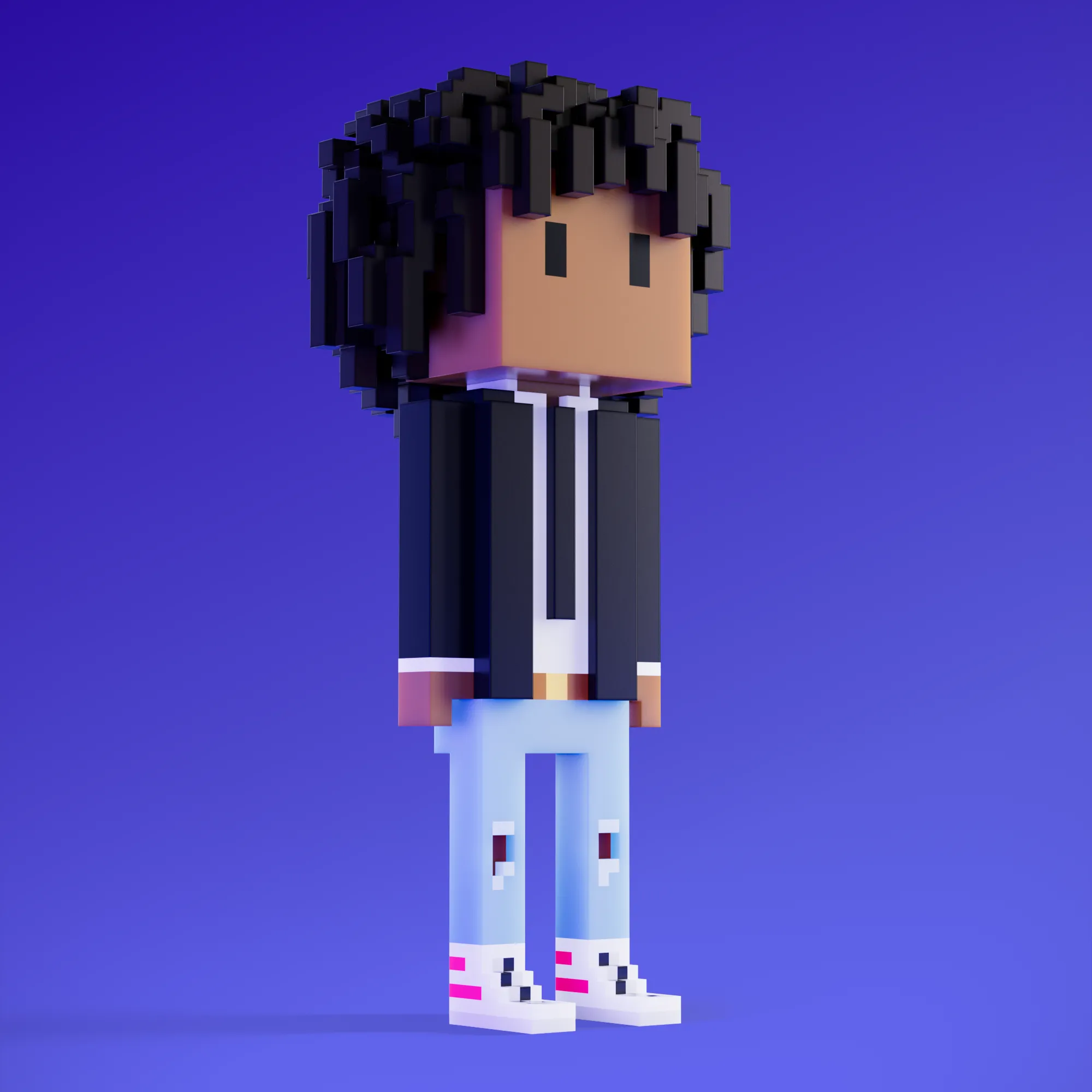 Meebits are 20,000 unique 3D voxel characters created by a custom generative algorithm.