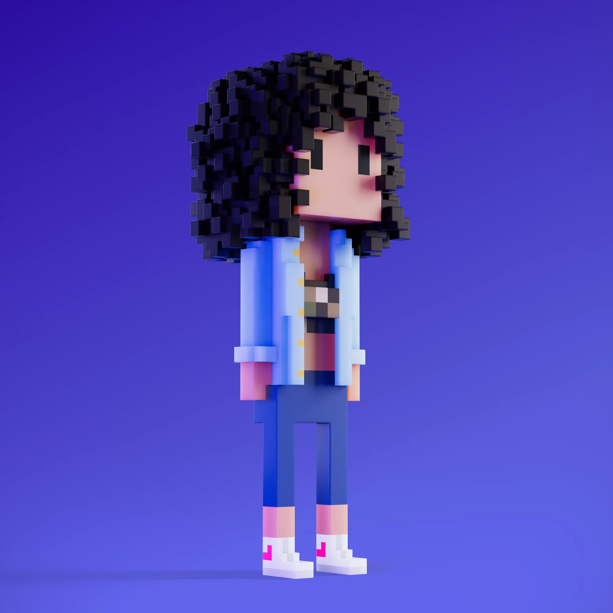 Meebits are 20,000 unique 3D voxel characters created by a custom generative algorithm.