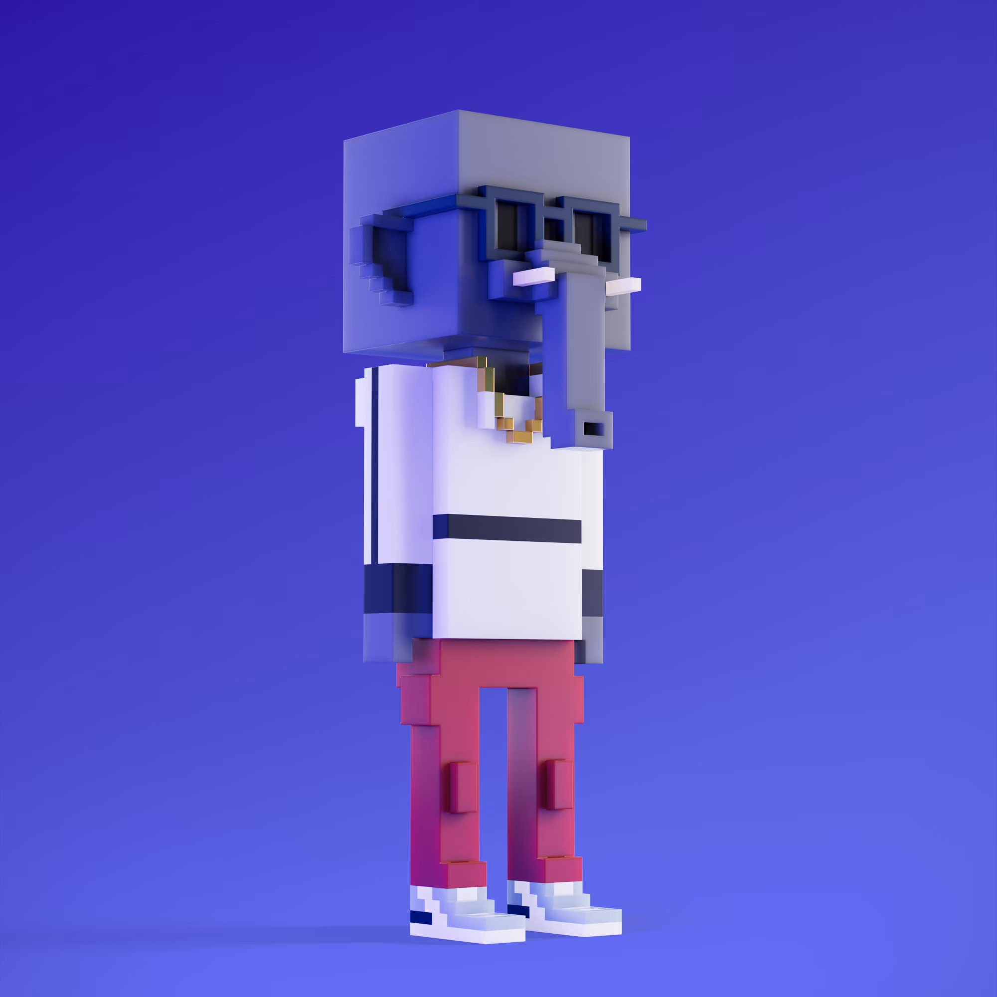 Meebits are 20,000 unique 3D voxel characters created by a custom generative algorithm.