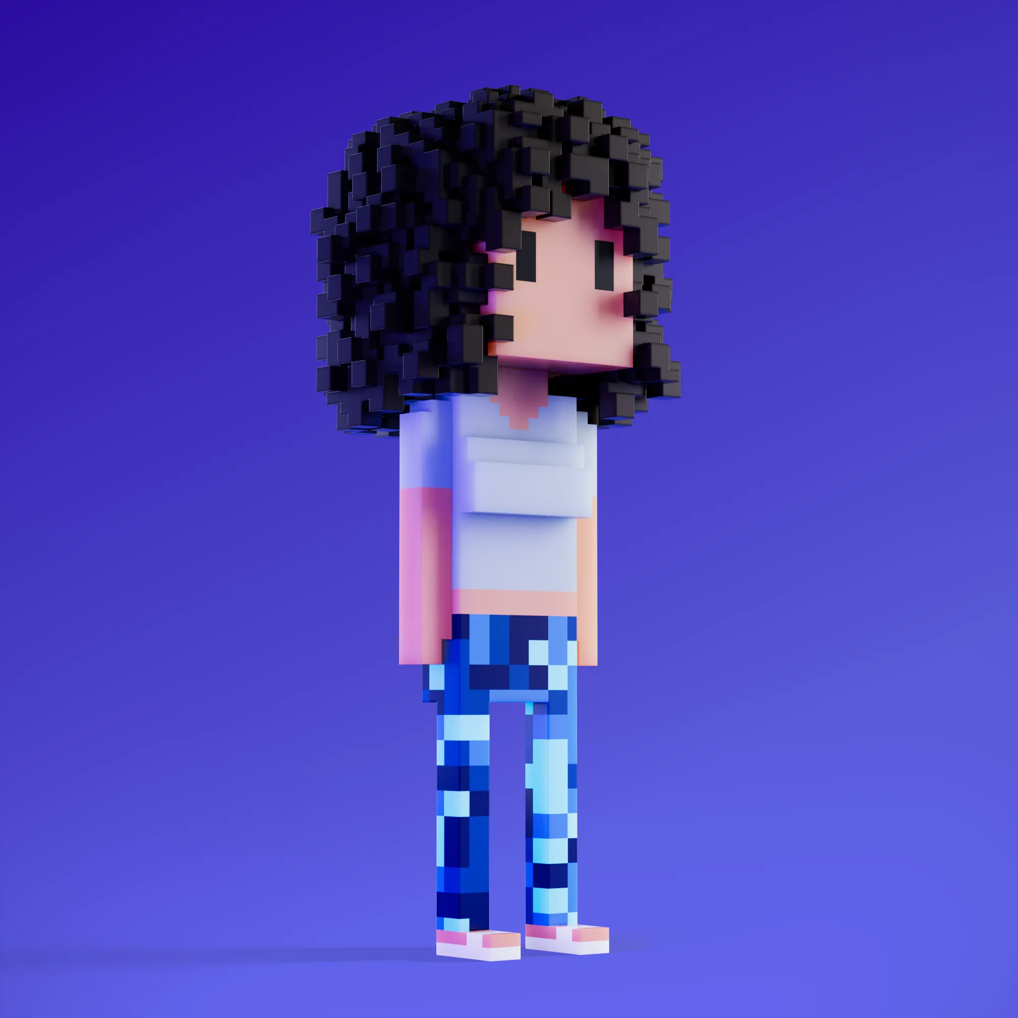 Meebits are 20,000 unique 3D voxel characters created by a custom generative algorithm.