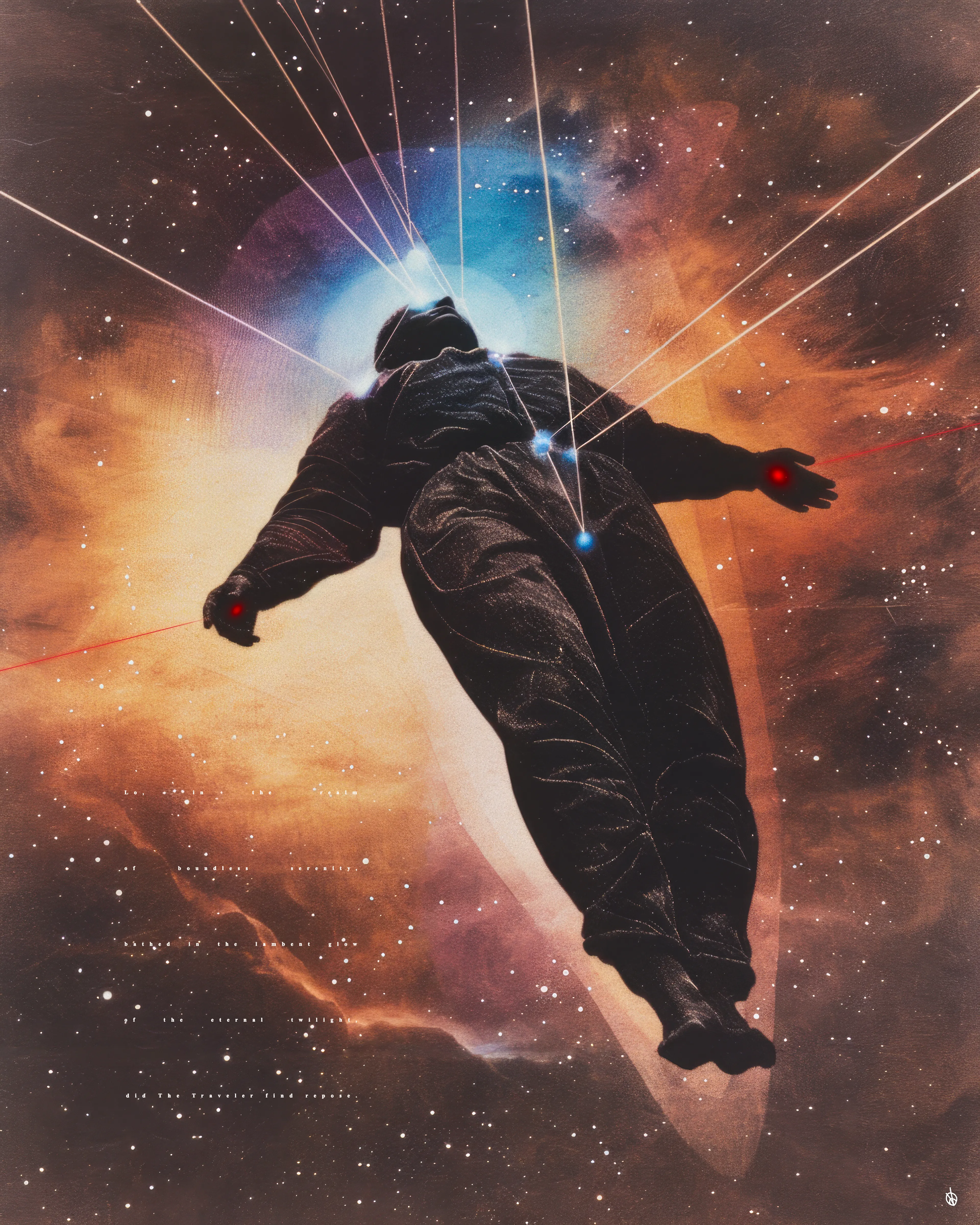 "Lo, in the realm of boundless serenity, bathed in the lambent glow of the eternal twilight, did The Traveler find repose." (Penumbra 19:1)

_

Drifting across this timeline, I find myself seeking repose. The new age dichotomy of self, rippling into the ethos of false dogmas and manufactured division, when truth lies and struggle virtues. It's all so tiring.

Purpose was a gift I once unwrapped, to find I already had one. She told me I had already gone, but chose to come back. Well, I'm finally ready once more. Take me, lift me, allow me to return to the infinite realm where ascension is the way and forever is the now. 

Repent. Repose. Relapse. 

The cycle continues. 

// Process & Medium
Loss of identity painted on reflections of self. 
Mixed Media comprised of shackled spirits. 
Your divine eyes blinded by the lens of modernity.
Upscaled.

// Penumbra, I pray to find you, once again.

_
[Inspired by and quoted from the first Testament of Syncretica; Penumbra - Chapter 19, verse 1.]