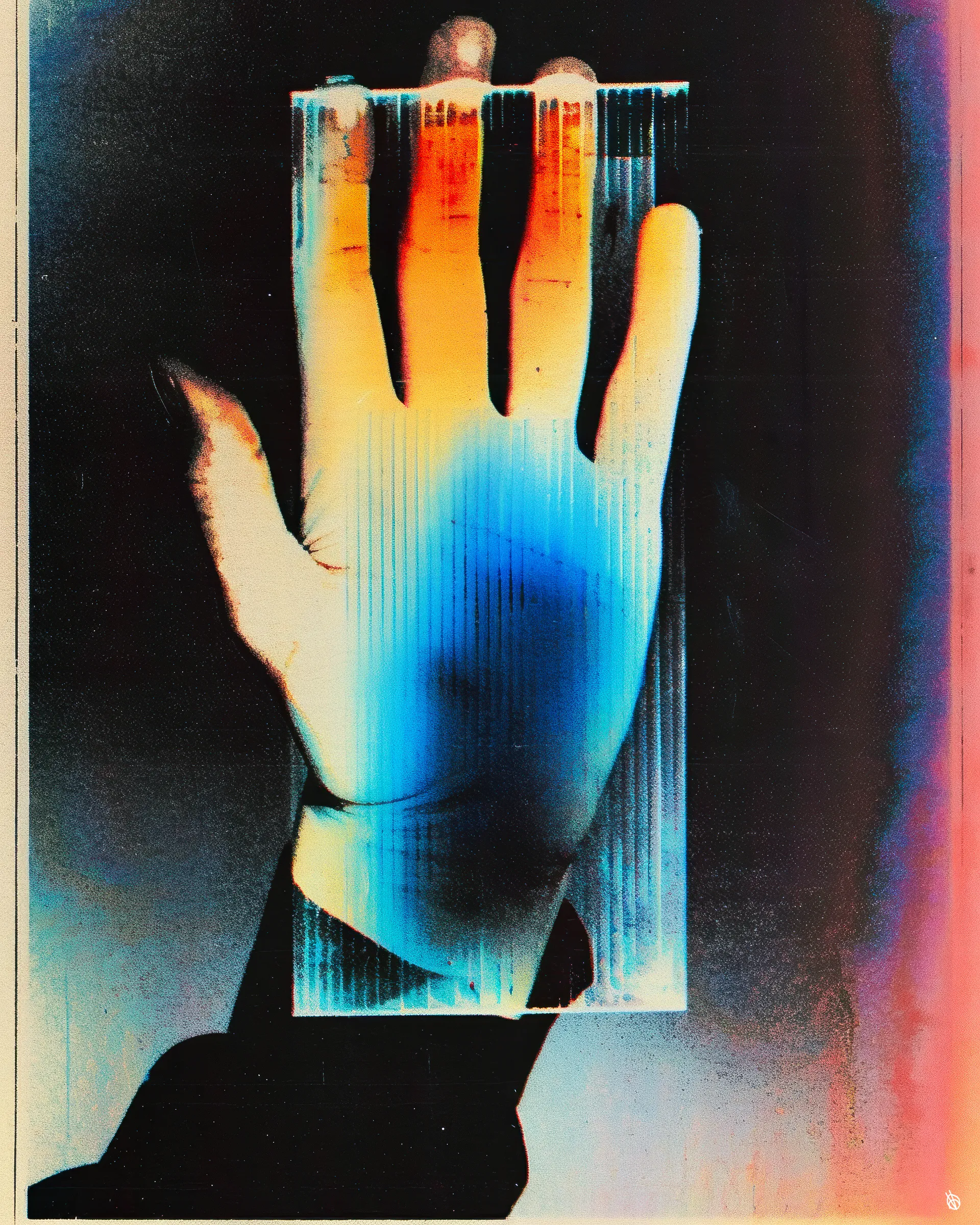 "Their fingers danced over the Prism, tracing its facets as if seeking answers in its depths. The Seeker unfurled scrolls and activated screens, documenting the myriad perceptions encountered, each entry a testament to the splintered reality beyond their door.

"Perception is the lens, but what is the truth it refracts?" they mused, their words a murmur lost among the hum of machines and the whisper of paper." (PRISMS 11:7-8)

//
Inspired during the writing of PRISMS, the 4th Testament of Syncretica, this work represents The Seeker's act of pressing against the limitation of their own perception of reality, and eventually breaking through.

//
Process: AI, Digital Compositing, Post-Processing

//
Originally created: July, 2024.