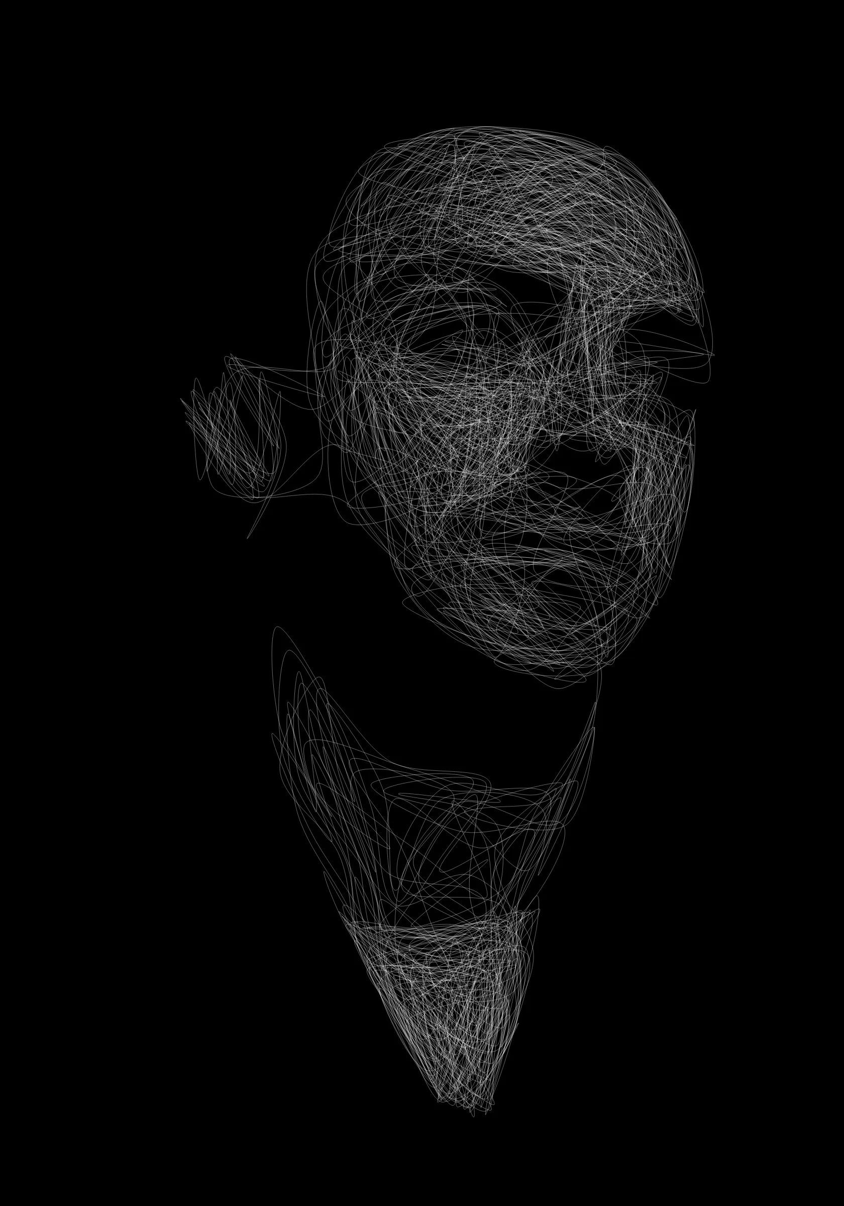 The **Spongenuity Portrait Lab** was hosted by Bright Moments in July 2022. 
Every generative portrait in this collection is of a person who came IRL to the London gallery that month. 
Each person was photographed, and each photograph was generatively converted into a one line drawing, which was then plotted in real time.

The Portrait Lab was an amazing opportunity to embrace and explore the link between physical and digital and with these outputs I hope to explore a little further.

The pieces are a live animation, following the same path that the plotter did during the session, however, when in live mode, there are 3 outputs that you can trigger.

Press " 1 " for a .png output 
Press " 2 " for a .svg output ( so you can plot your own )
Press " 3 " for a .dst output (Generative Embroidery), This will trigger a live converter in your browser and give you a file that you can use to embroider your piece.