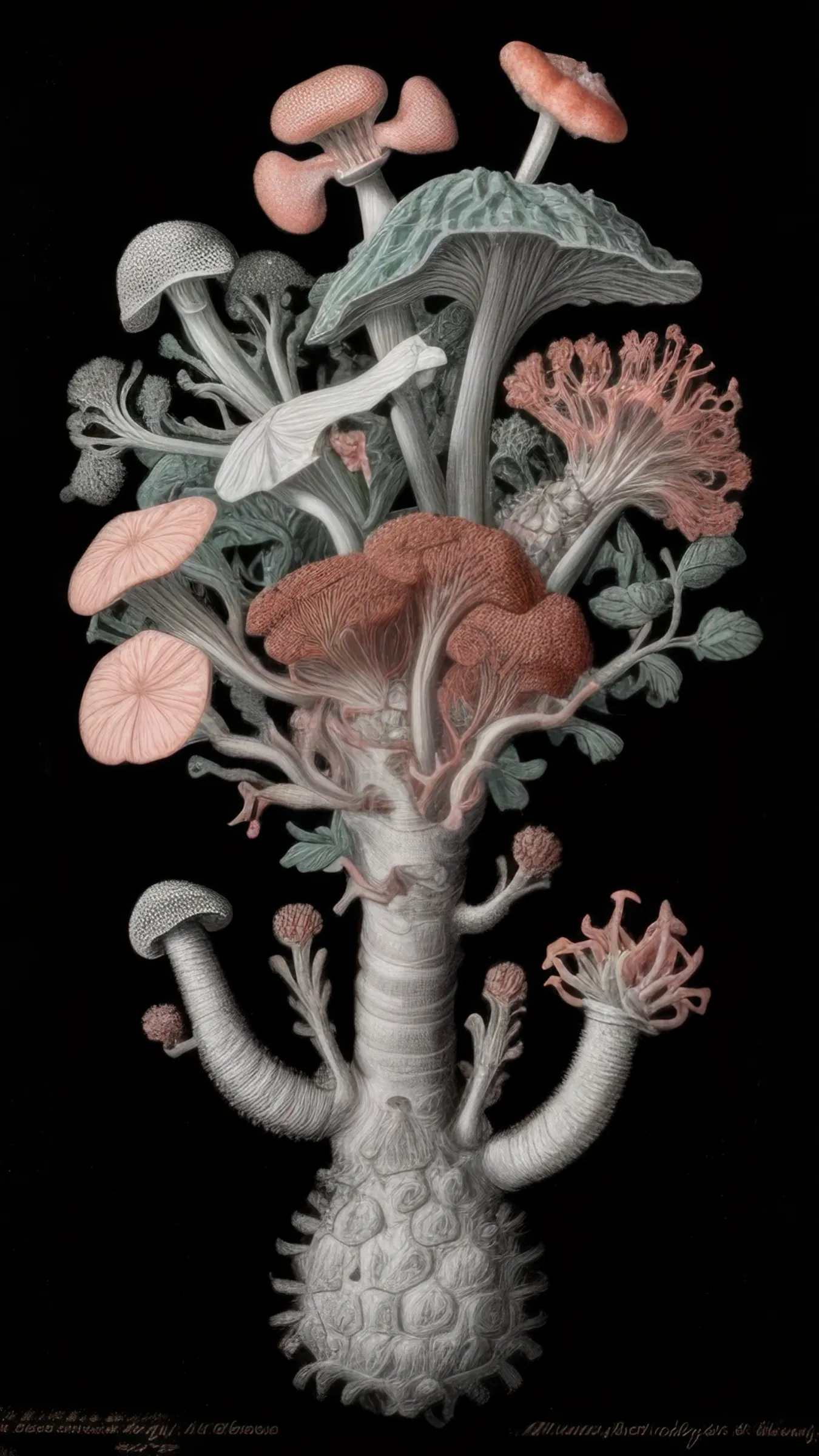 Part of the wider _Artificial Botany_ (2019) series, the _Unseen Flora_ collection shines a spotlight on the fantastical and surreal botanical illustrations created by four British scientists and artists: Charlotte Bancroft, Beatrice Hastings, Edmund Thorne and Theodore Winslow.
The collection has as its focus the concept of truth, contextualised in the contemporary digital age where the boundaries between real and virtual, natural and artificial, seem to become more and more obscure. Especially after the sudden influx of innovative technologies led by AI language models and image generation systems, the notion of truth has become even more arbitrary, always hidden behind a thin veil of plausibility and verisimilitude.  

_Unseen Flora_ stands at the interplay between these areas: the collection wants to explore unreal but plausible histories through the visual depictions of the four illustrators, offering us an unprecedented glimpse into their imaginary botanical dimensions.