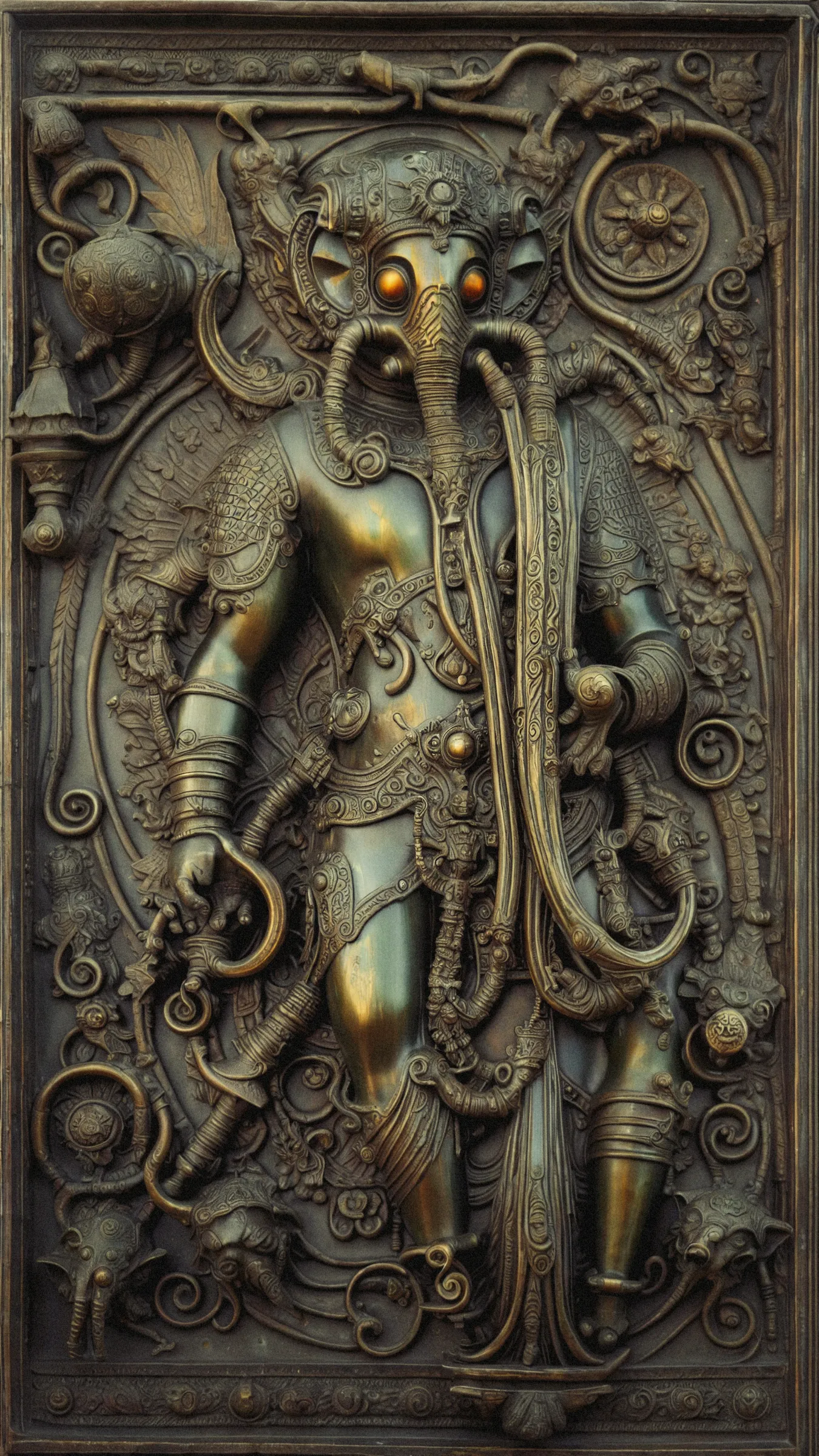Art and mythology have long been used to express humanity's fears, from real-life predators to mythical creatures. Despite our modern distance from such dangers, our innate fears of monsters, domination, and apocalypse persist. The increased role of algorithms in daily life has raised concerns about the possibility of a General Artificial Intelligence singularity event bringing about the end of civilization. As a meta commentary on synthetic image generation through AI, 'Cenotaphs' plays with these themes by juxtaposing mythology and futurism in a provoking way in a series of 100 unique digital artworks.