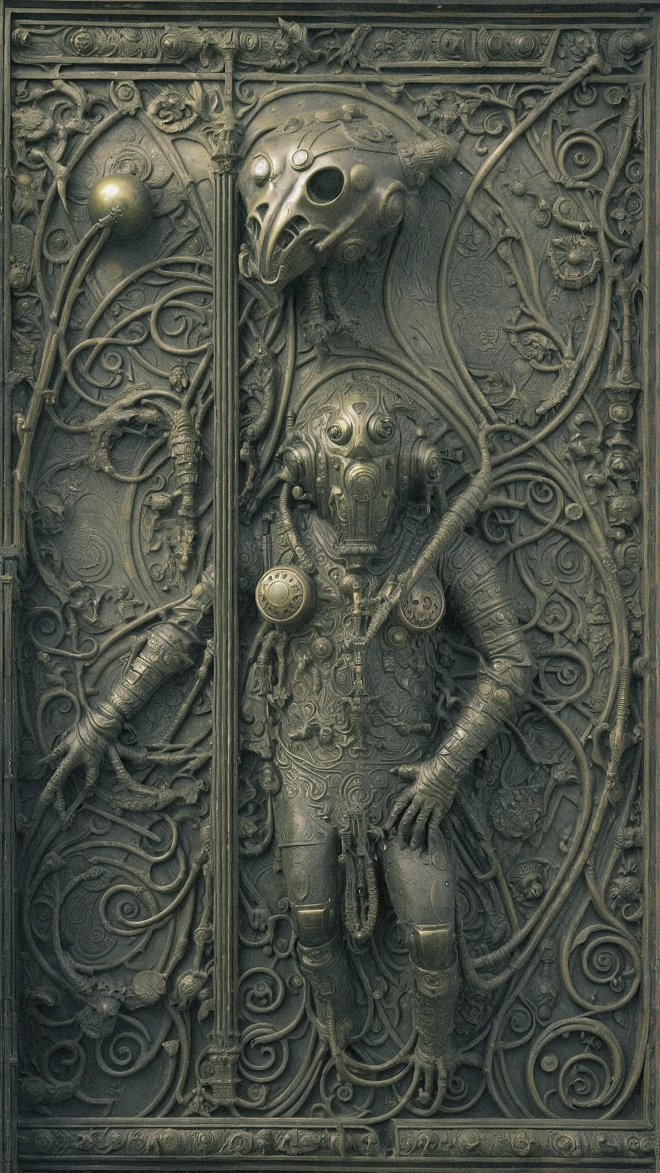 Art and mythology have long been used to express humanity's fears, from real-life predators to mythical creatures. Despite our modern distance from such dangers, our innate fears of monsters, domination, and apocalypse persist. The increased role of algorithms in daily life has raised concerns about the possibility of a General Artificial Intelligence singularity event bringing about the end of civilization. As a meta commentary on synthetic image generation through AI, 'Cenotaphs' plays with these themes by juxtaposing mythology and futurism in a provoking way in a series of 100 unique digital artworks.