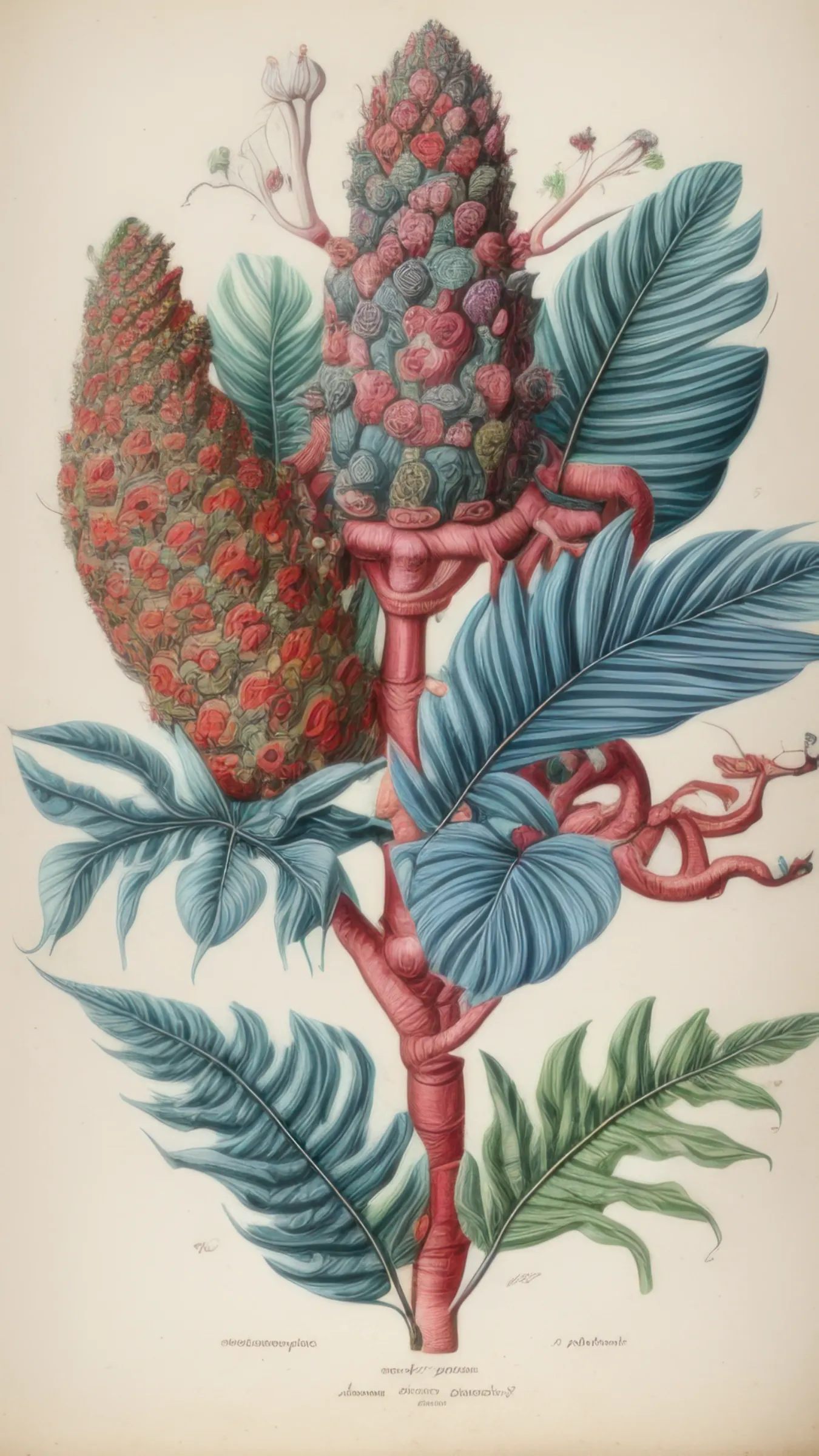 Part of the wider _Artificial Botany_ (2019) series, the _Unseen Flora_ collection shines a spotlight on the fantastical and surreal botanical illustrations created by four British scientists and artists: Charlotte Bancroft, Beatrice Hastings, Edmund Thorne and Theodore Winslow.
The collection has as its focus the concept of truth, contextualised in the contemporary digital age where the boundaries between real and virtual, natural and artificial, seem to become more and more obscure. Especially after the sudden influx of innovative technologies led by AI language models and image generation systems, the notion of truth has become even more arbitrary, always hidden behind a thin veil of plausibility and verisimilitude.  

_Unseen Flora_ stands at the interplay between these areas: the collection wants to explore unreal but plausible histories through the visual depictions of the four illustrators, offering us an unprecedented glimpse into their imaginary botanical dimensions.