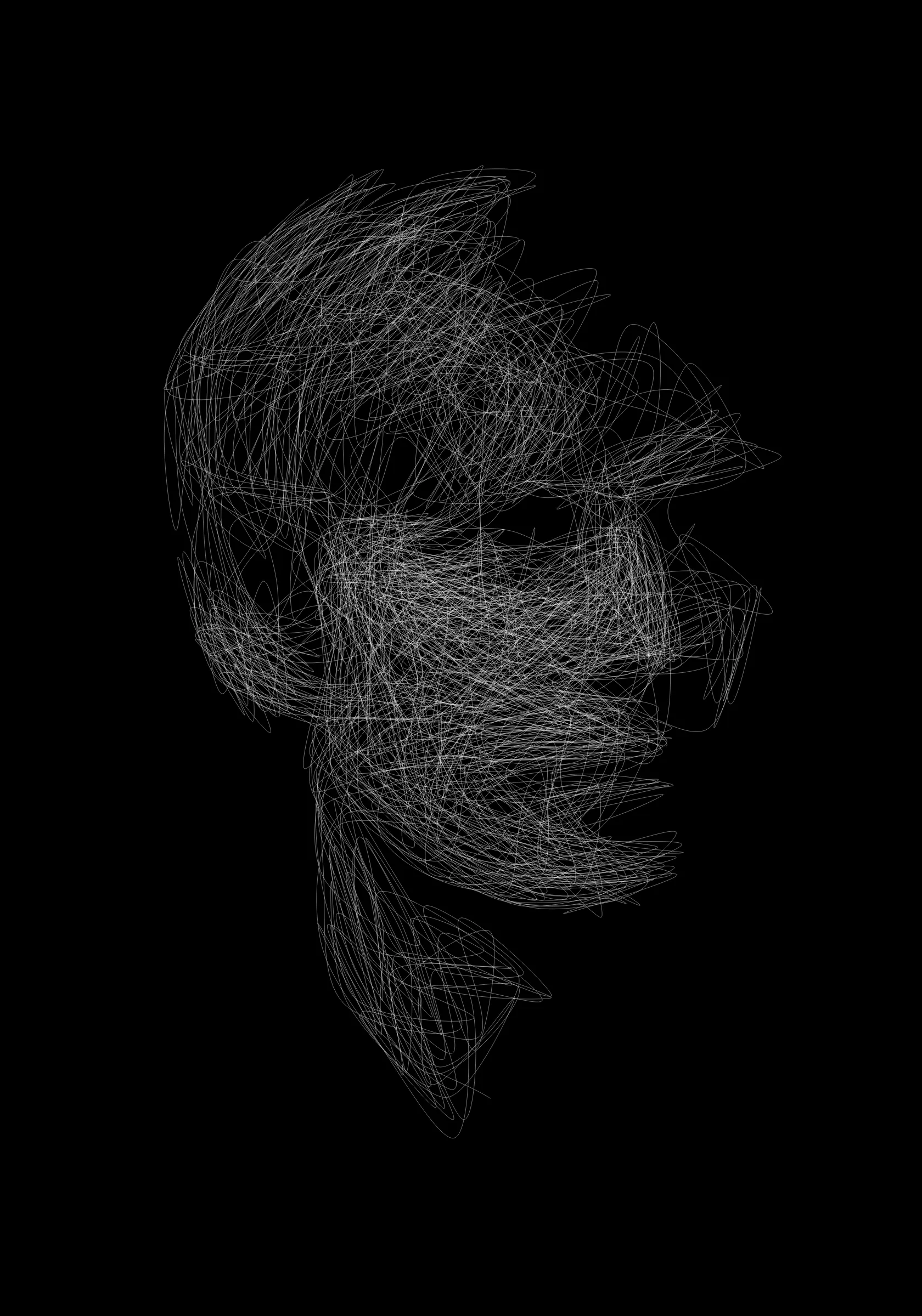 The **Spongenuity Portrait Lab** was hosted by Bright Moments in July 2022. 
Every generative portrait in this collection is of a person who came IRL to the London gallery that month. 
Each person was photographed, and each photograph was generatively converted into a one line drawing, which was then plotted in real time.

The Portrait Lab was an amazing opportunity to embrace and explore the link between physical and digital and with these outputs I hope to explore a little further.

The pieces are a live animation, following the same path that the plotter did during the session, however, when in live mode, there are 3 outputs that you can trigger.

Press " 1 " for a .png output 
Press " 2 " for a .svg output ( so you can plot your own )
Press " 3 " for a .dst output (Generative Embroidery), This will trigger a live converter in your browser and give you a file that you can use to embroider your piece.