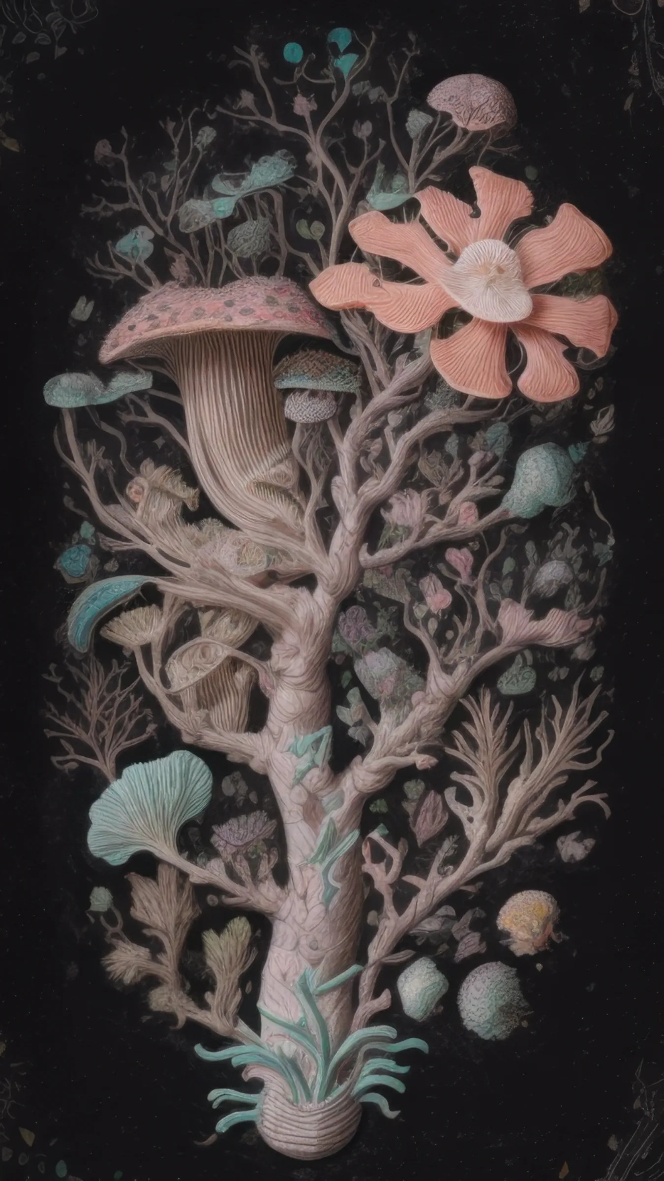 Part of the wider _Artificial Botany_ (2019) series, the _Unseen Flora_ collection shines a spotlight on the fantastical and surreal botanical illustrations created by four British scientists and artists: Charlotte Bancroft, Beatrice Hastings, Edmund Thorne and Theodore Winslow.
The collection has as its focus the concept of truth, contextualised in the contemporary digital age where the boundaries between real and virtual, natural and artificial, seem to become more and more obscure. Especially after the sudden influx of innovative technologies led by AI language models and image generation systems, the notion of truth has become even more arbitrary, always hidden behind a thin veil of plausibility and verisimilitude.  

_Unseen Flora_ stands at the interplay between these areas: the collection wants to explore unreal but plausible histories through the visual depictions of the four illustrators, offering us an unprecedented glimpse into their imaginary botanical dimensions.