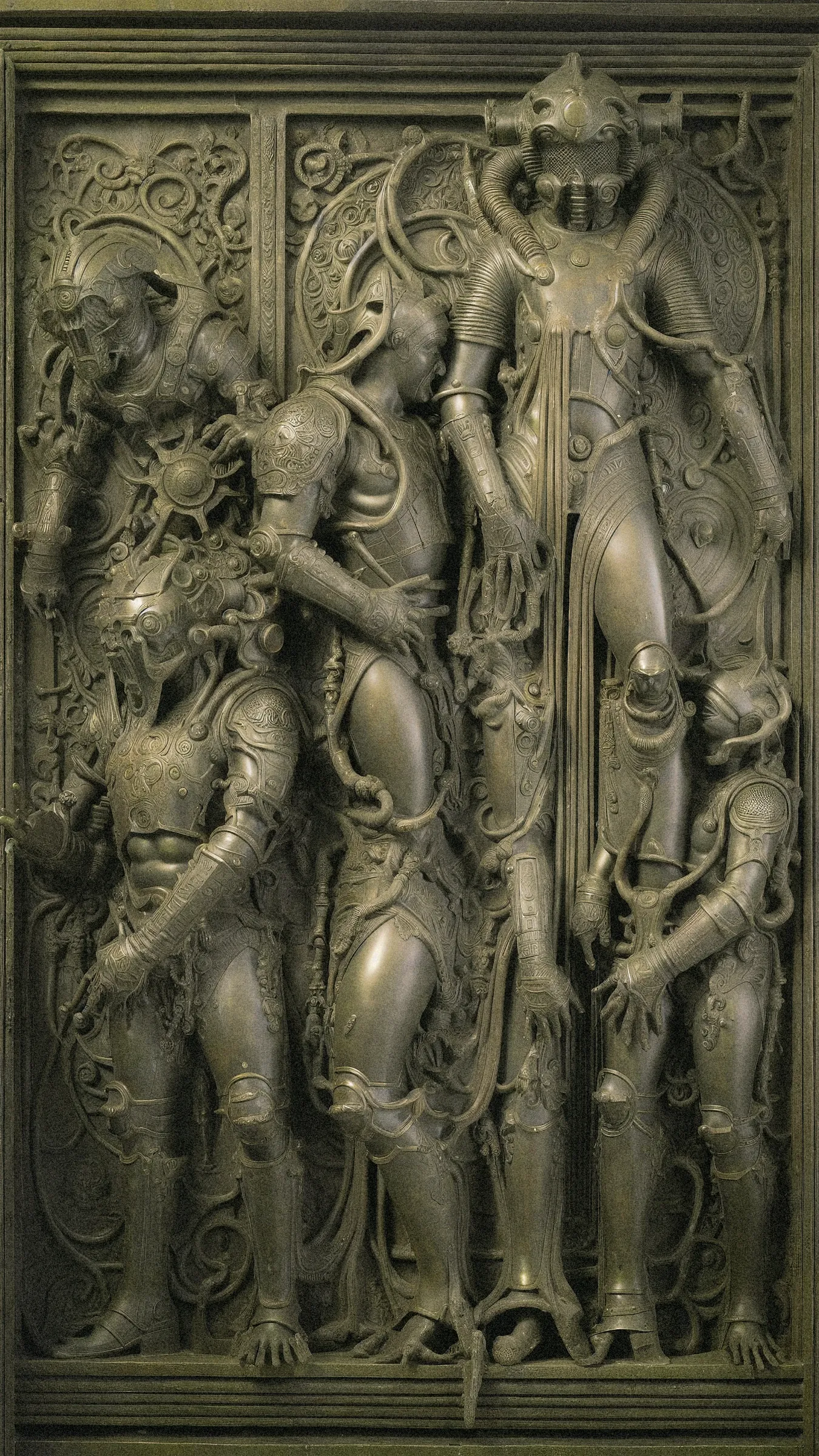 Art and mythology have long been used to express humanity's fears, from real-life predators to mythical creatures. Despite our modern distance from such dangers, our innate fears of monsters, domination, and apocalypse persist. The increased role of algorithms in daily life has raised concerns about the possibility of a General Artificial Intelligence singularity event bringing about the end of civilization. As a meta commentary on synthetic image generation through AI, 'Cenotaphs' plays with these themes by juxtaposing mythology and futurism in a provoking way in a series of 100 unique digital artworks.