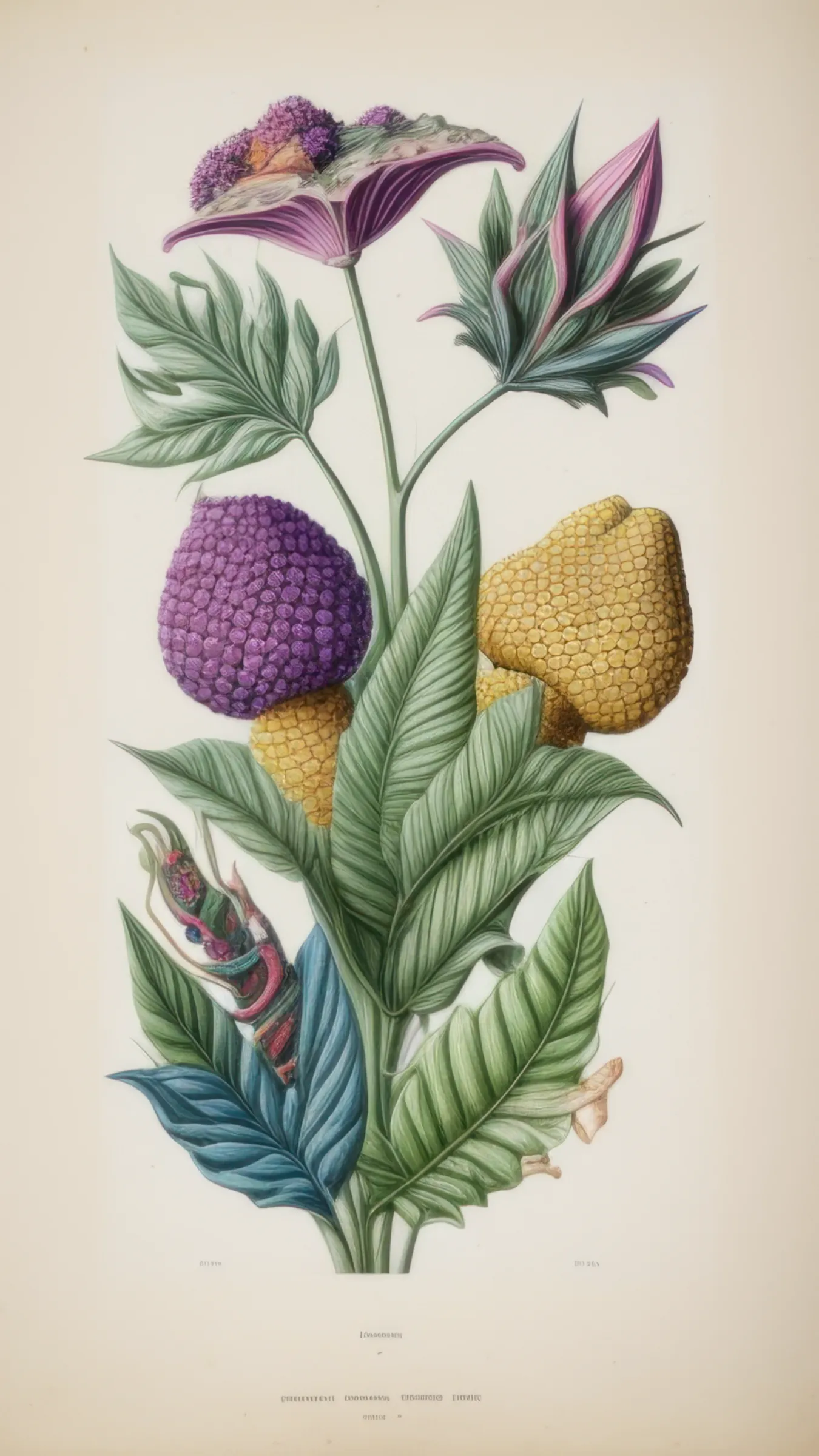 Part of the wider _Artificial Botany_ (2019) series, the _Unseen Flora_ collection shines a spotlight on the fantastical and surreal botanical illustrations created by four British scientists and artists: Charlotte Bancroft, Beatrice Hastings, Edmund Thorne and Theodore Winslow.
The collection has as its focus the concept of truth, contextualised in the contemporary digital age where the boundaries between real and virtual, natural and artificial, seem to become more and more obscure. Especially after the sudden influx of innovative technologies led by AI language models and image generation systems, the notion of truth has become even more arbitrary, always hidden behind a thin veil of plausibility and verisimilitude.  

_Unseen Flora_ stands at the interplay between these areas: the collection wants to explore unreal but plausible histories through the visual depictions of the four illustrators, offering us an unprecedented glimpse into their imaginary botanical dimensions.