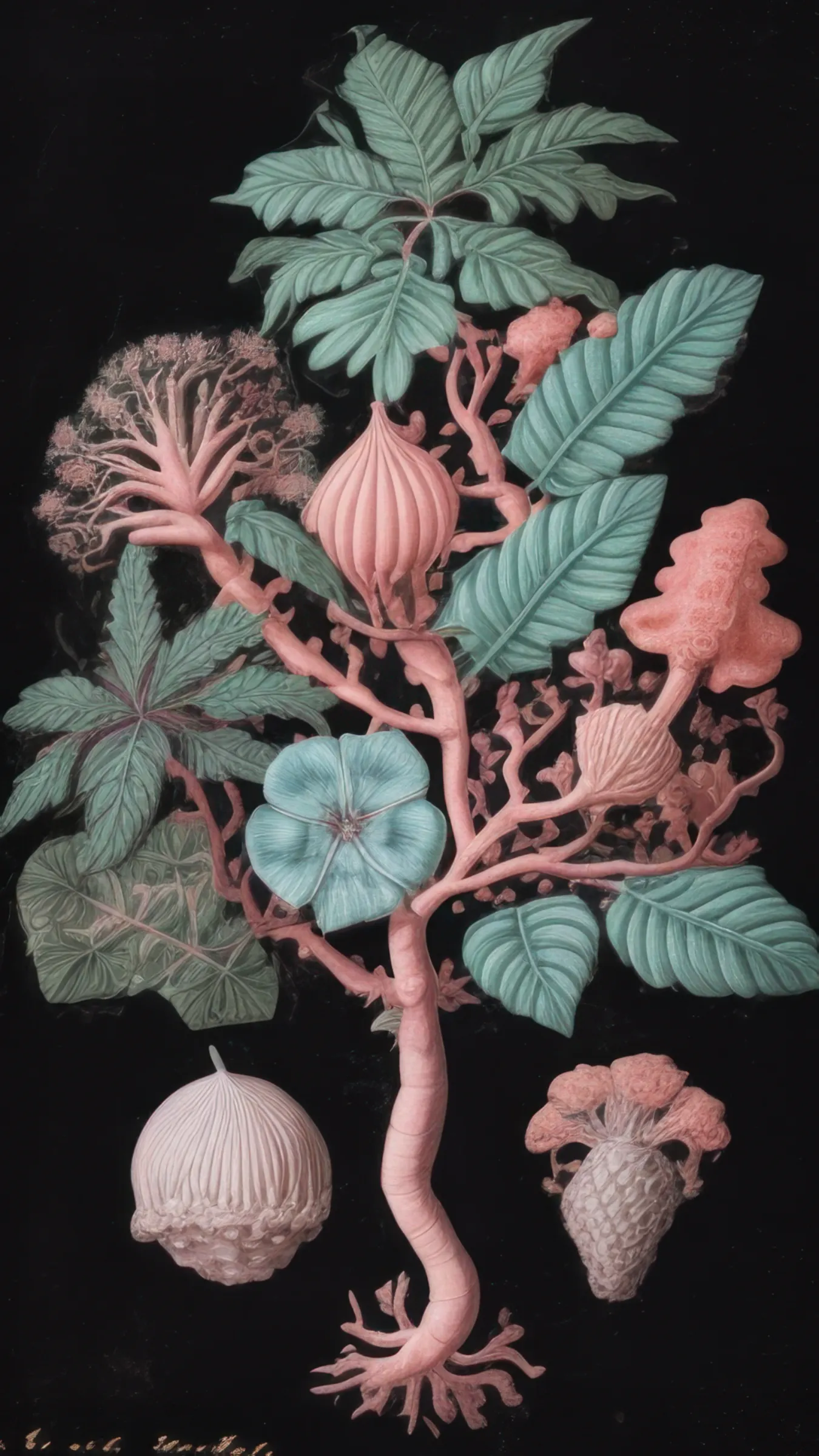 Part of the wider _Artificial Botany_ (2019) series, the _Unseen Flora_ collection shines a spotlight on the fantastical and surreal botanical illustrations created by four British scientists and artists: Charlotte Bancroft, Beatrice Hastings, Edmund Thorne and Theodore Winslow.
The collection has as its focus the concept of truth, contextualised in the contemporary digital age where the boundaries between real and virtual, natural and artificial, seem to become more and more obscure. Especially after the sudden influx of innovative technologies led by AI language models and image generation systems, the notion of truth has become even more arbitrary, always hidden behind a thin veil of plausibility and verisimilitude.  

_Unseen Flora_ stands at the interplay between these areas: the collection wants to explore unreal but plausible histories through the visual depictions of the four illustrators, offering us an unprecedented glimpse into their imaginary botanical dimensions.