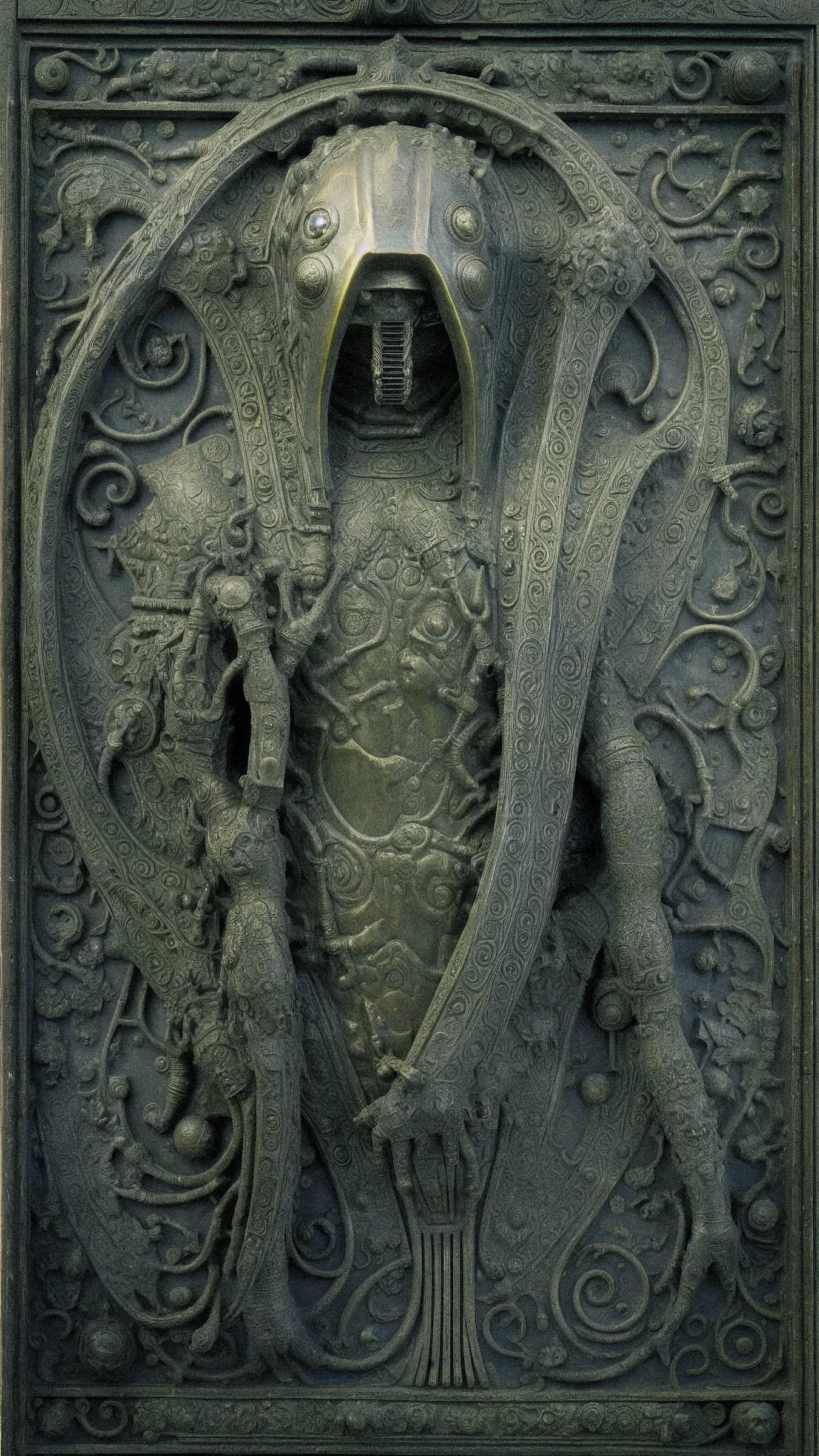 Art and mythology have long been used to express humanity's fears, from real-life predators to mythical creatures. Despite our modern distance from such dangers, our innate fears of monsters, domination, and apocalypse persist. The increased role of algorithms in daily life has raised concerns about the possibility of a General Artificial Intelligence singularity event bringing about the end of civilization. As a meta commentary on synthetic image generation through AI, 'Cenotaphs' plays with these themes by juxtaposing mythology and futurism in a provoking way in a series of 100 unique digital artworks.