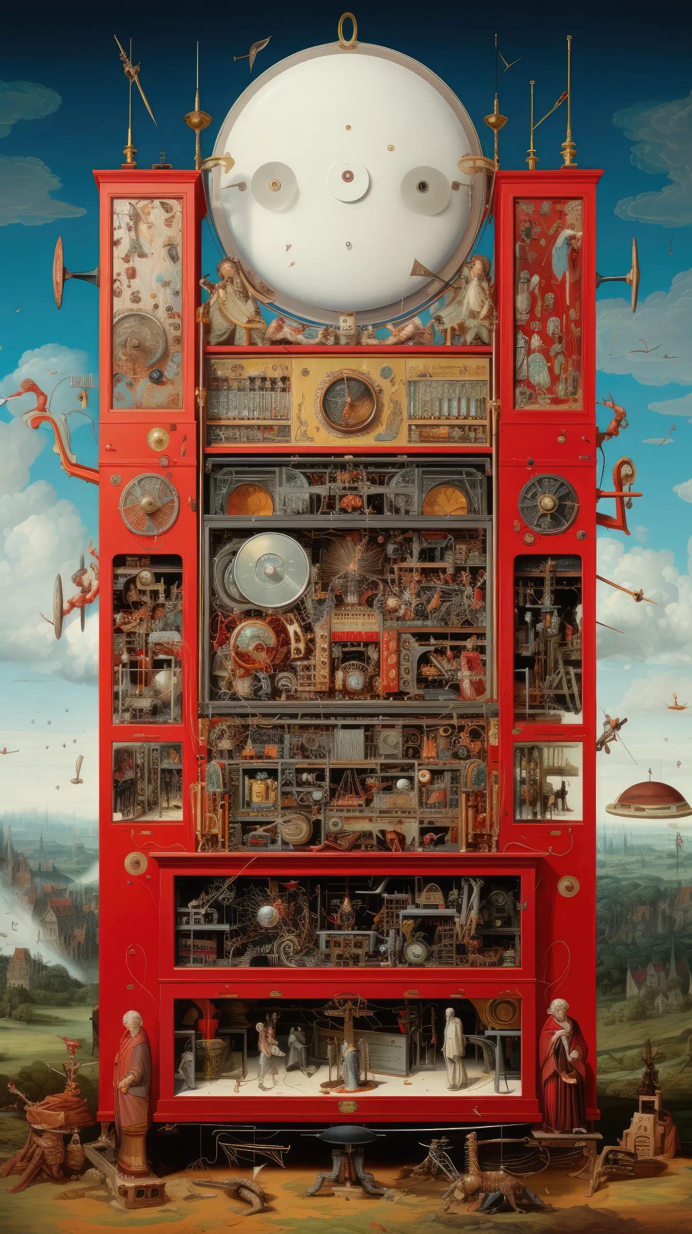 Technologies colliding, mythologies melding, capacitors becoming gears, transistors the wings of angels. The microscopic becoming monumental, the fantastic morphing into the real. Ancient Automata reflect algorithmic hallucinations of a generative possibility, informed through centuries of cultural representation, appropriation and emergent desires.

Ancient Automata is a ‘middle form’ generative AI collection developed with MidJourney 5.2. Nine Renaissance artists (Giotto, Masaccio, Piero della Francesca, Giovanni Bellini, Jan van Eyck, Andrea Mantegna, Hieronymus Bosch, Pieter Bruegel the Elder, Hans Holbein the Younger) and thirteen color palettes (red, blue, yellow, green, orange, lavender, primary, secondary, gray, metallic, earth, pastel, spectrum) influence 468 unique outputs. The artist manually added an additional expressive mood feature (solemn, neutral, joyful) to each of the images.

All 468 outputs are included in an image pool without artist curation. Images are randomly selected at time of mint, ensuring only a single instance of each of the 100 final tokens. Images are each 5824px x 3264px.