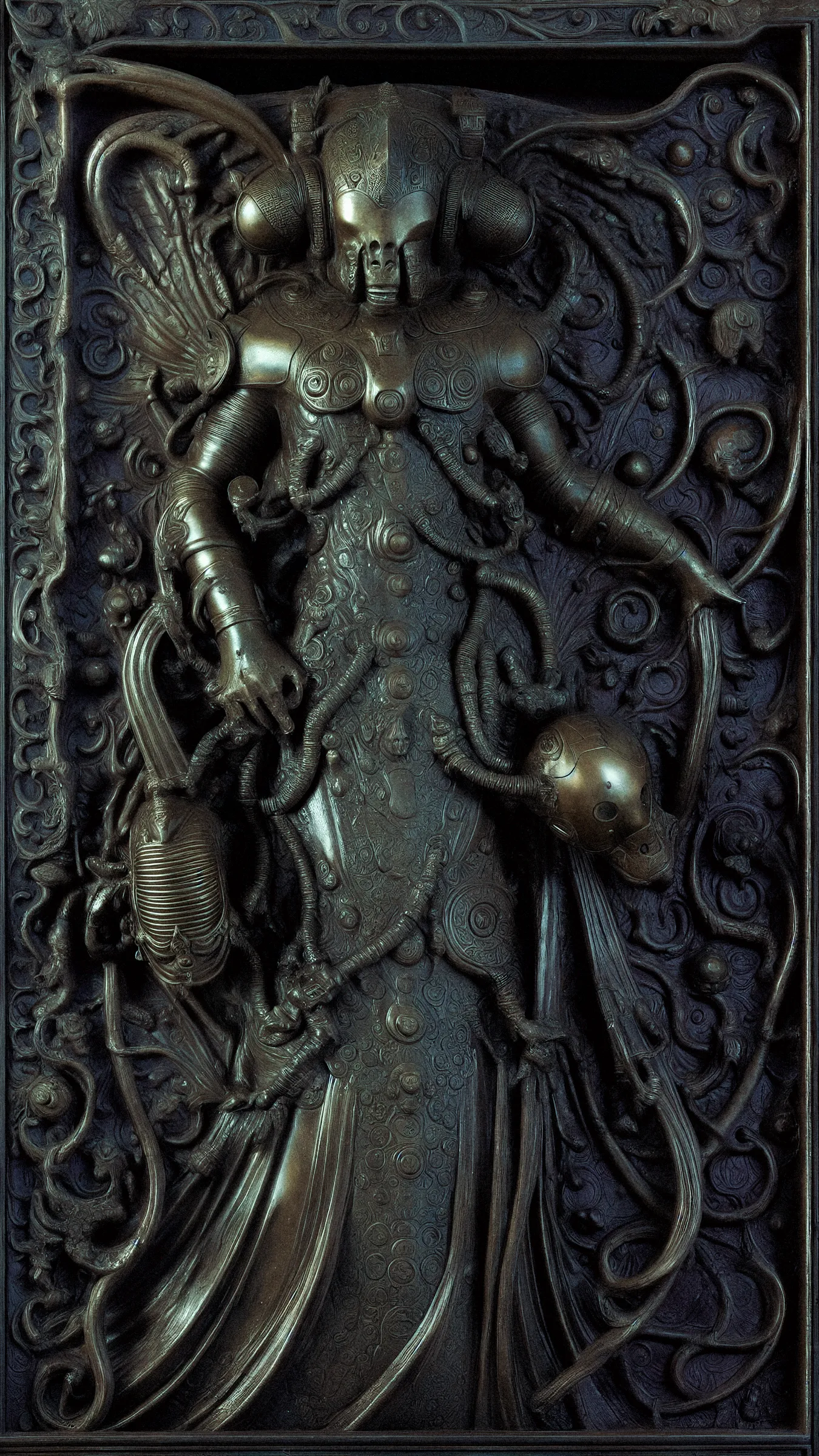 Art and mythology have long been used to express humanity's fears, from real-life predators to mythical creatures. Despite our modern distance from such dangers, our innate fears of monsters, domination, and apocalypse persist. The increased role of algorithms in daily life has raised concerns about the possibility of a General Artificial Intelligence singularity event bringing about the end of civilization. As a meta commentary on synthetic image generation through AI, 'Cenotaphs' plays with these themes by juxtaposing mythology and futurism in a provoking way in a series of 100 unique digital artworks.