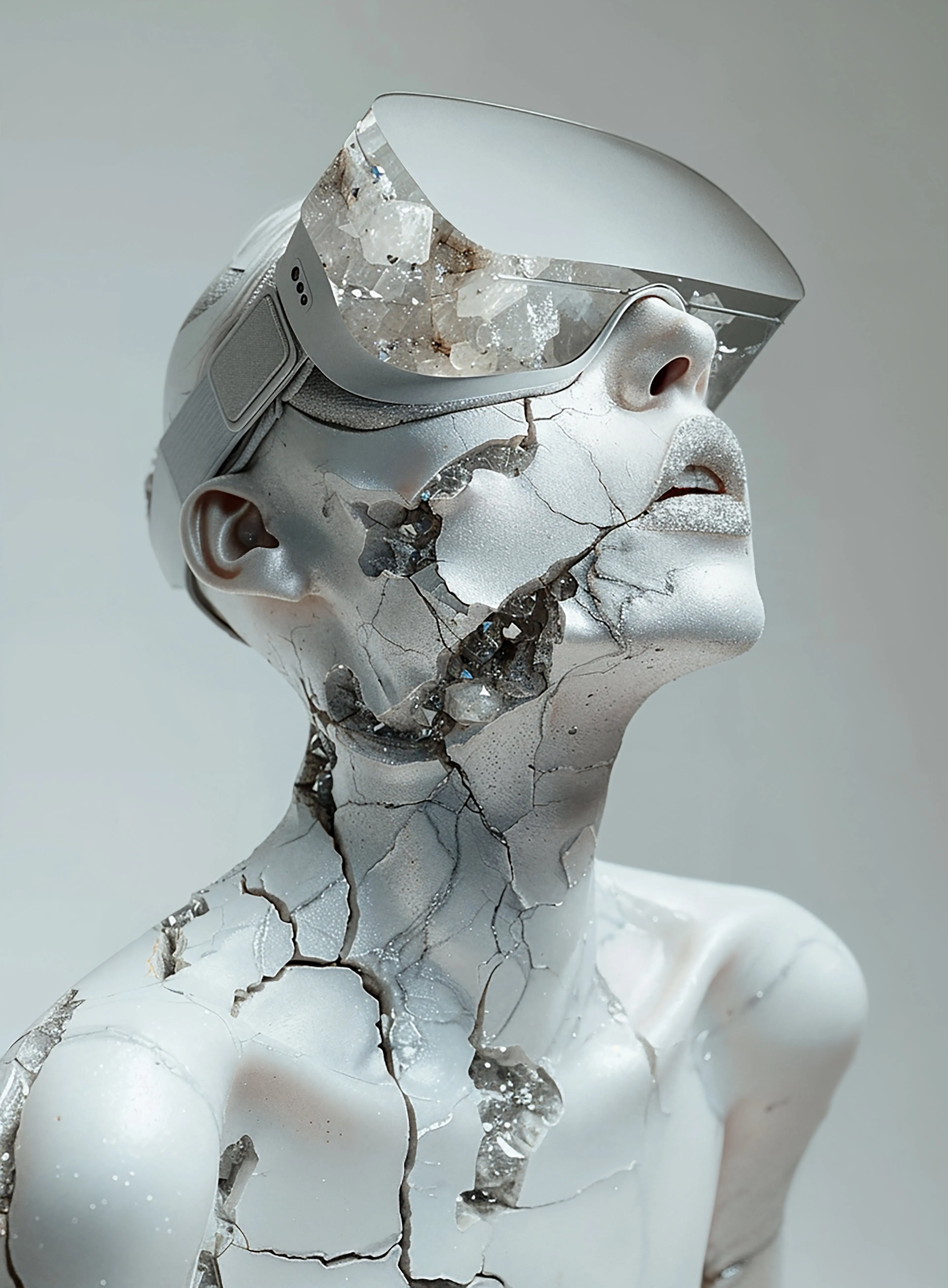 Vision. 

All artists have had it from the beginning of time. They can see what others cannot.

I envisioned a carved marble statue from the Renaissance period. Beautiful white skin, yet cracked. Gorgeous stones and diamonds lie under the skin, a nod to the value and rarity of art.

She wears a VR headset and is amazed at what the future holds for art. She is fusion of old and new art. Stone and tech. History and future. A new digital Renaissance.