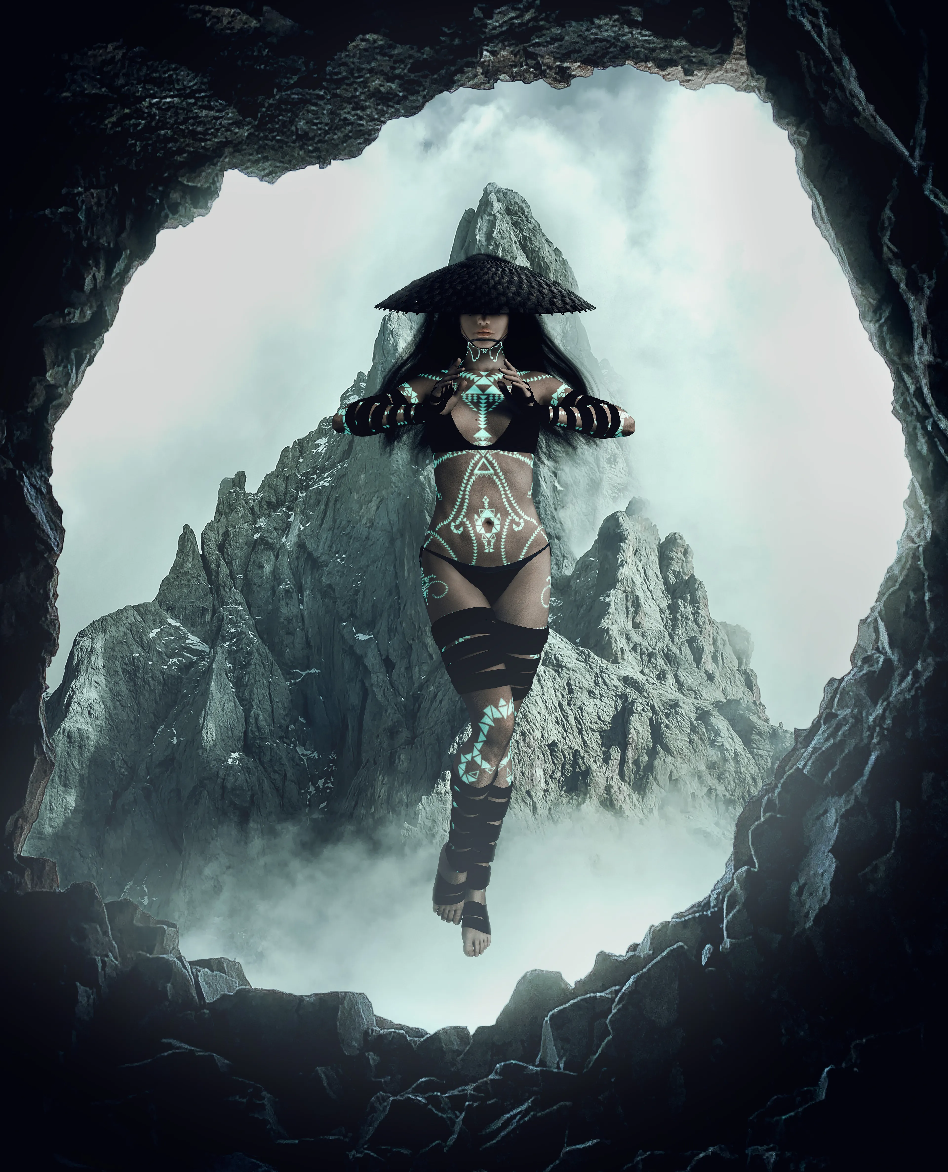 Fog covered mountains made of sheer inclines. A cave hosts a soul who defies gravity and time. She holds all the secrets, her skin laced with light. Many have sought her out, few have been able to.

A collaboration between landscape photographer Daniel Greenwood and fine art creator Glass Crown.