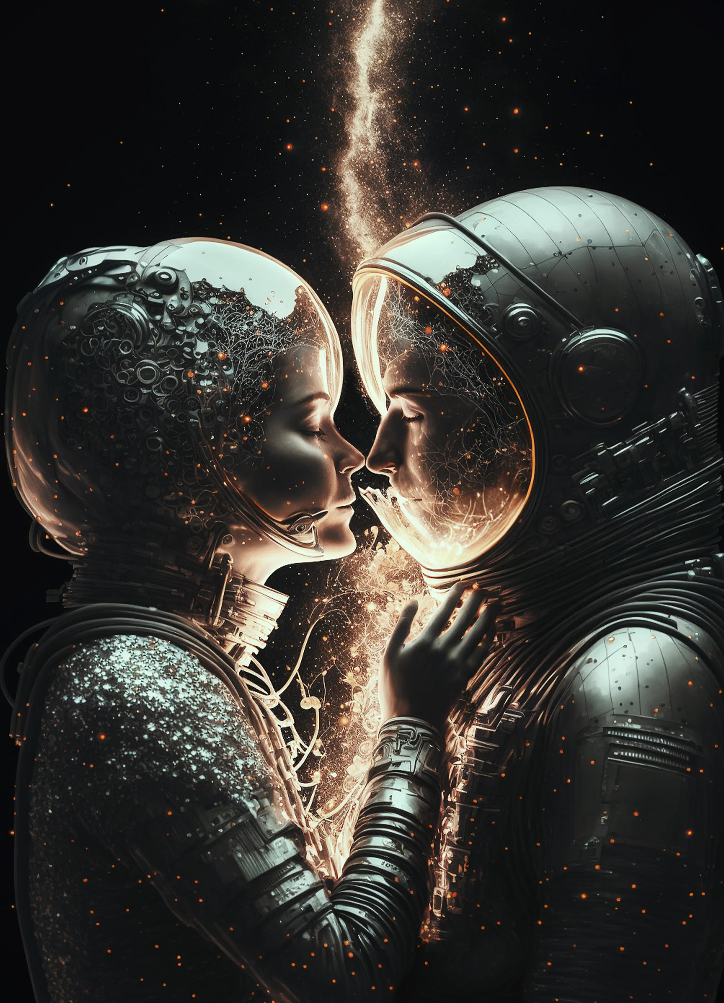 Choose love or to live longer?  An astronaut faces this daunting decision. He smashes his helmet just so he can touch her face. She becomes his life source instead. Love fiercely, for this all ends.

"Love Fiercely" was inspired by love, space and the end. 