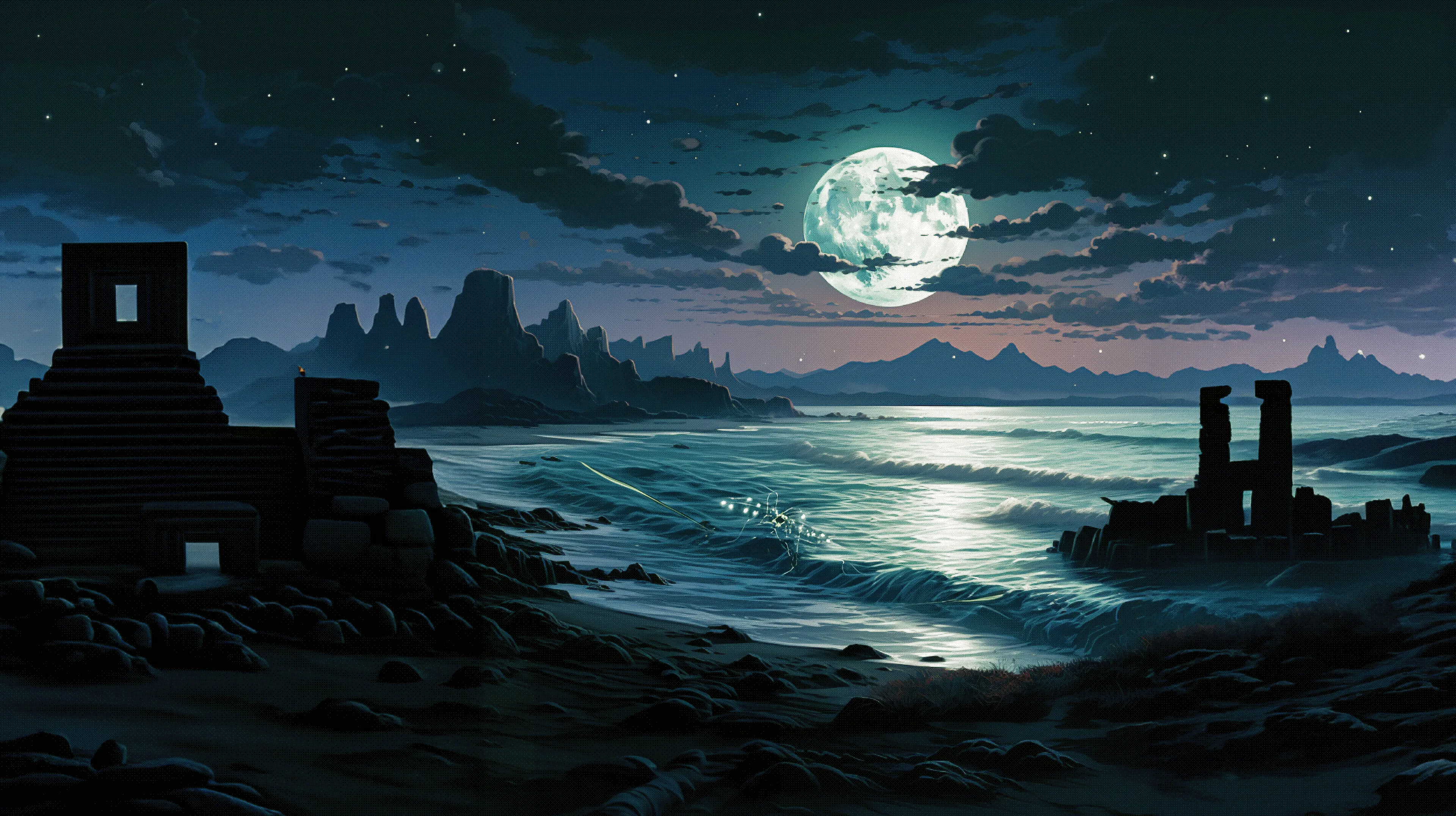 On the very edge of the enigmatic Shores of Solitude, shadows of a bygone era emerge—the crumbling remnants of a civilization swallowed by time. Whispered legends suggest that The Planet was once cradled in the embrace of enlightened beings, who, although vanished, left behind monumental echoes of their existence through their architectural masterpieces. These ancient edifices, shrouded in mystery, seem to be entwined with the cosmic ballet, aligning cryptically with the astral displays that illuminate the planet's vast skies. And when the cloak of night descends, luminescent beings, drawn to these arcane ruins, can be witnessed. Their ethereal dance around the stone relics forms a mesmerizing spectacle, raising questions about the inexplicable bond between life, legacy, and the cosmos.