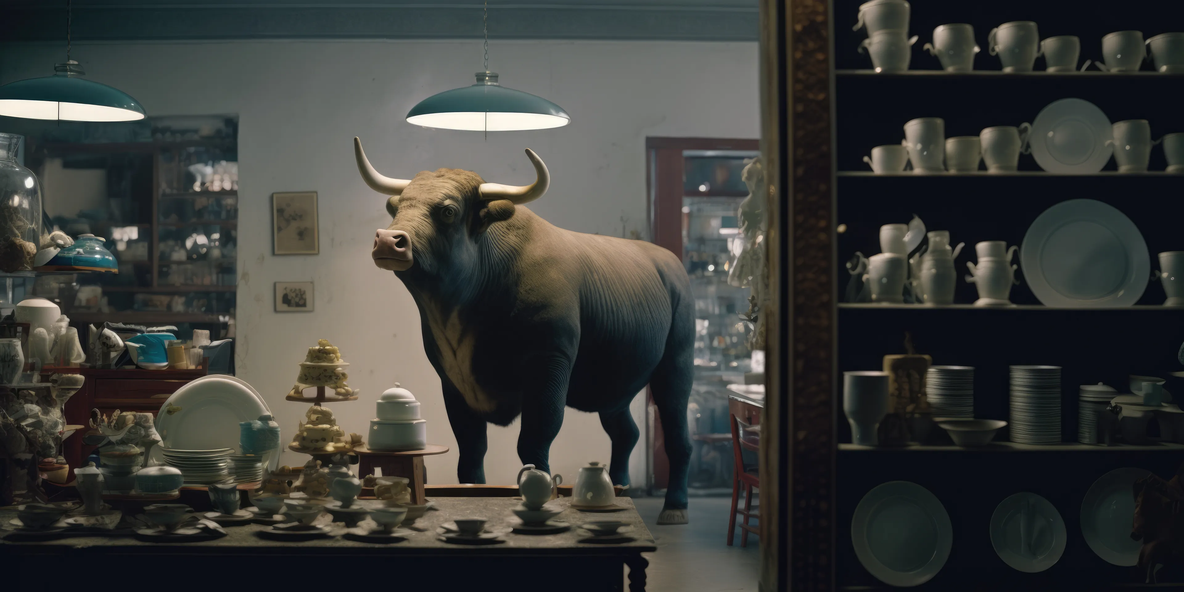 "Delicate Conditions" is a reflection on the intricate balance of risk and reward in the financial world. Through the use of a powerful bull in a china shop, the piece captures the tension and potential destruction that can result from even the slightest market fluctuations. 

 I wanted to convey the idea that the stock market is a complex and fragile system, where careless actions and decisions can have significant consequences. 