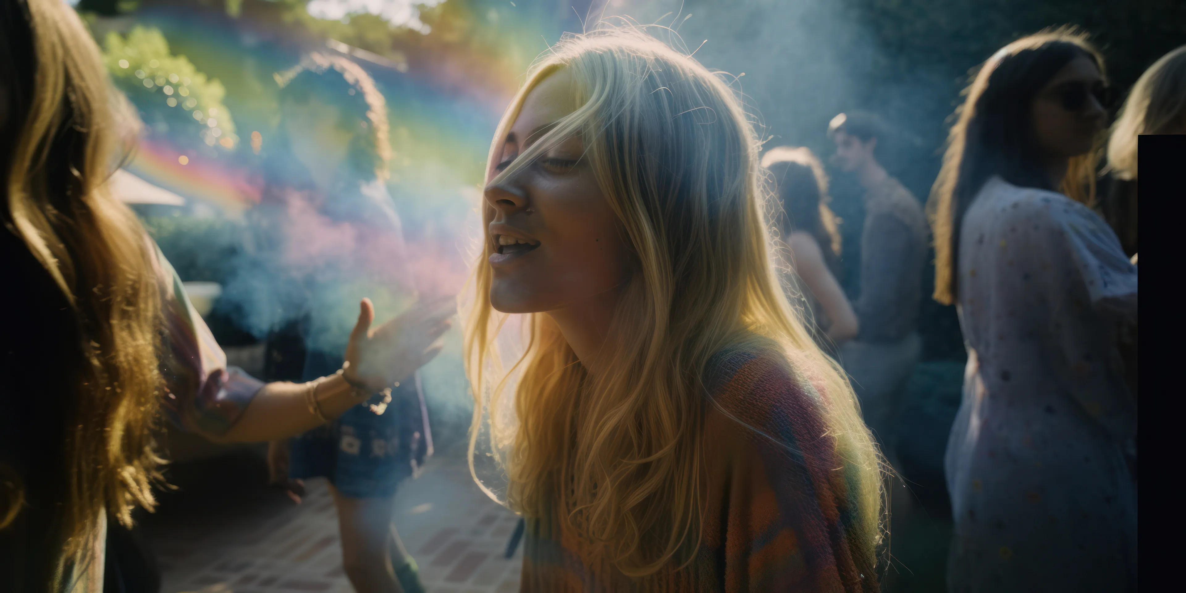 "We are stardust, we are golden, we are billion-year-old carbon." - Joni Mitchell

In Bliss I wanted to capture the essence of a moment in time when everything felt possible. It speaks to a time of youthful exploration, community, and the search for something deeper. 

The image depicts a young woman, surrounded by a gathering of friends, with a radiant rainbow refracted beside her. The rainbow, with its evocative symbolism, is a powerful metaphor for the boundless potential and hope of youth. 

I wanted to convey a sense of belonging that comes from being part of a like-minded group of people, and the possibility that comes from believing in something greater than yourself. 

It's a reminder of a time in my life, when anything seemed possible, and the search for meaning and connection was paramount. In many ways, it's a tribute to the human spirit and the enduring search for something more.