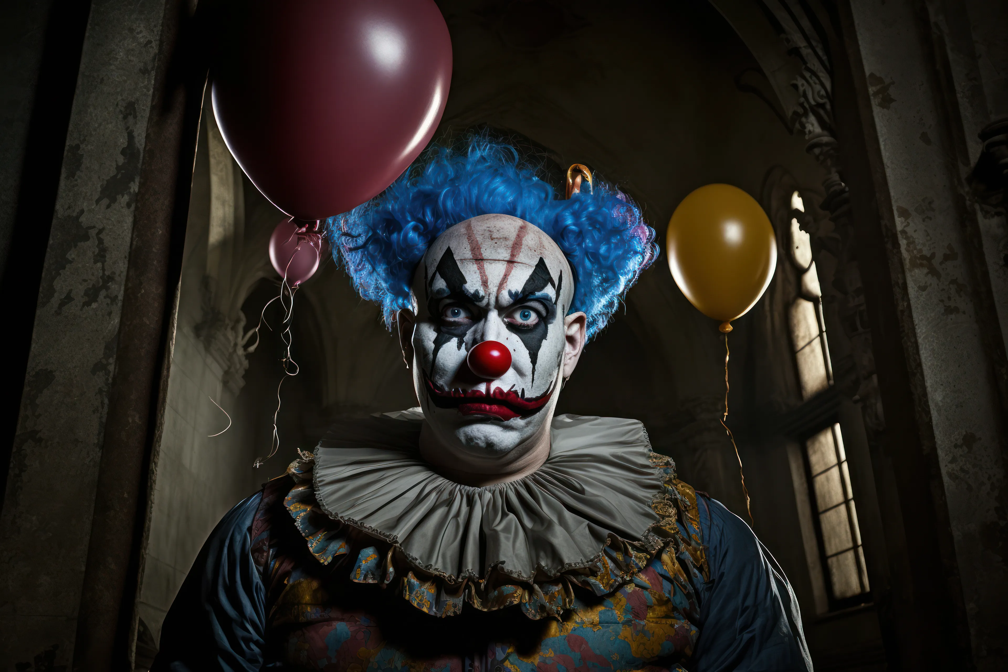 Vampo the clown noticed that you couldn't make it on time. You missed his signature balloon animals, you missed out on the pie throwing gag, and you missed out on his tricycle routine. 
Vampo's not mad, he's just disappointed. The kind of disappointment that requires revenge. 

This piece was inspired by the profile picture of ClownVamp. This image was AI generated with a photography perspective in mind. The first generations were to figure out the look of the clown, and then re-used as image inits until a more photorealistic appearance was created. The image was then upscaled in gigapixel and then downscaled in gigapixel on a different model. 

