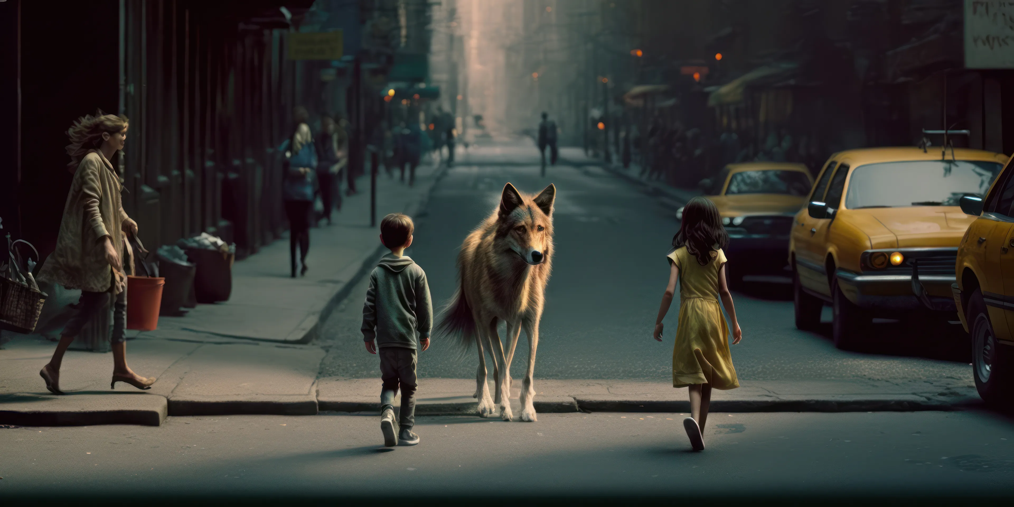 The wolf is lost in a new world, and the children run to play with him unable to see that they could be in danger.

Within this representation is hidden layers and stories of metaphor and analogy. While creating this piece I wanted to create a decisive moment with many different possible interpretations. 
I was considering the effect of the sudden advancements and accessibility being like an arrival of AI and it's mass adoption into society.

