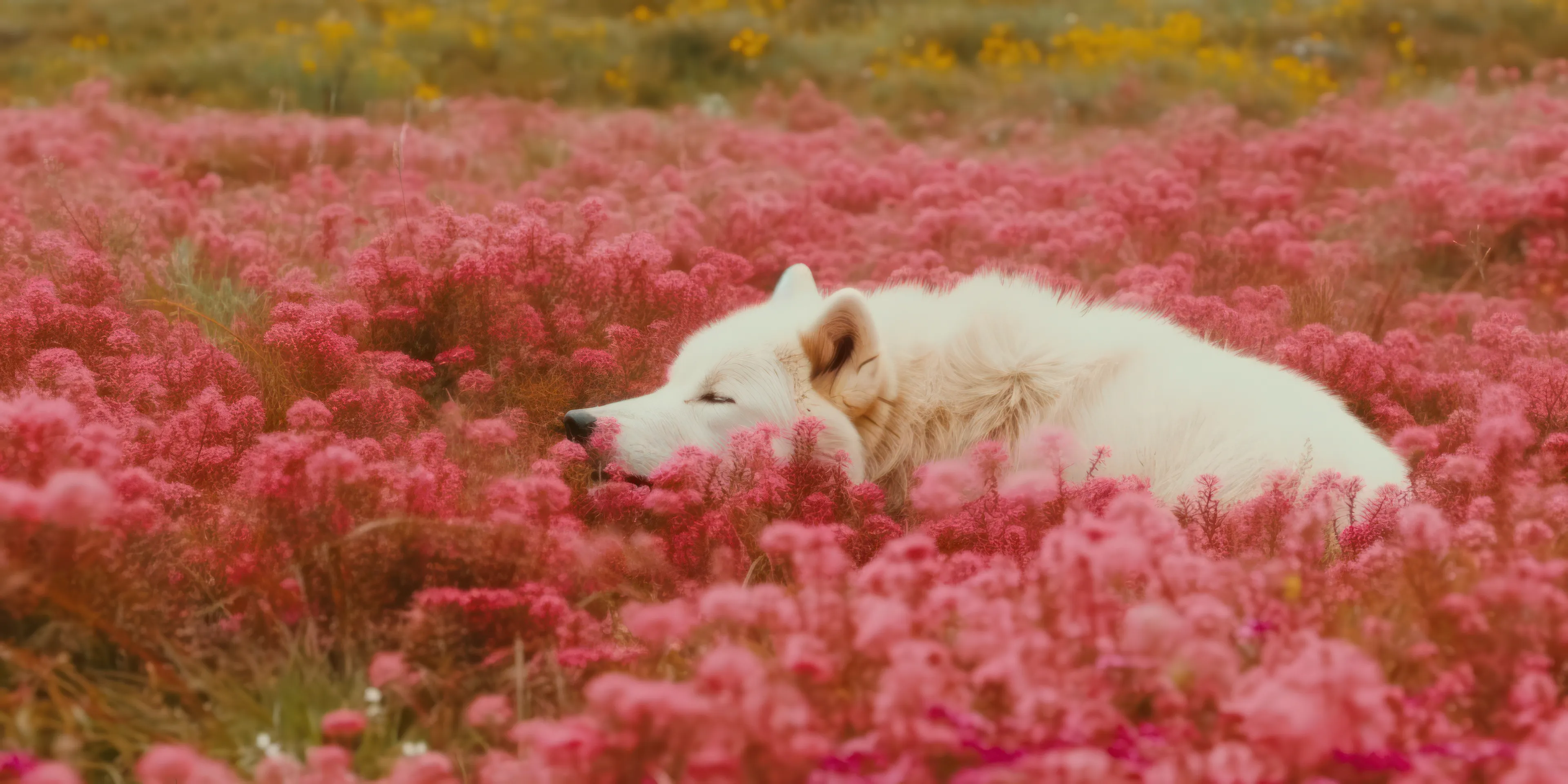In "The Dreamer," a wolf finds solace amongst a blush of pink blooms, its presence evoking a sense of calm and contentment. This unexpected juxtaposition of the wild and the delicate inspires a pondering of the nature of our own untamed spirit.

Through this gentle collision of contrasts, the image whispers an invitation to explore our own dualities, hinting at the possibility of taming our inner wilderness. Amidst moments of stillness, we are encouraged to delve deeper into our own essence, allowing our understanding to blossom.

"The Dreamer" subtly suggests that embracing our wild side while pursuing harmony within ourselves can lead to a richer comprehension of our place in the world.