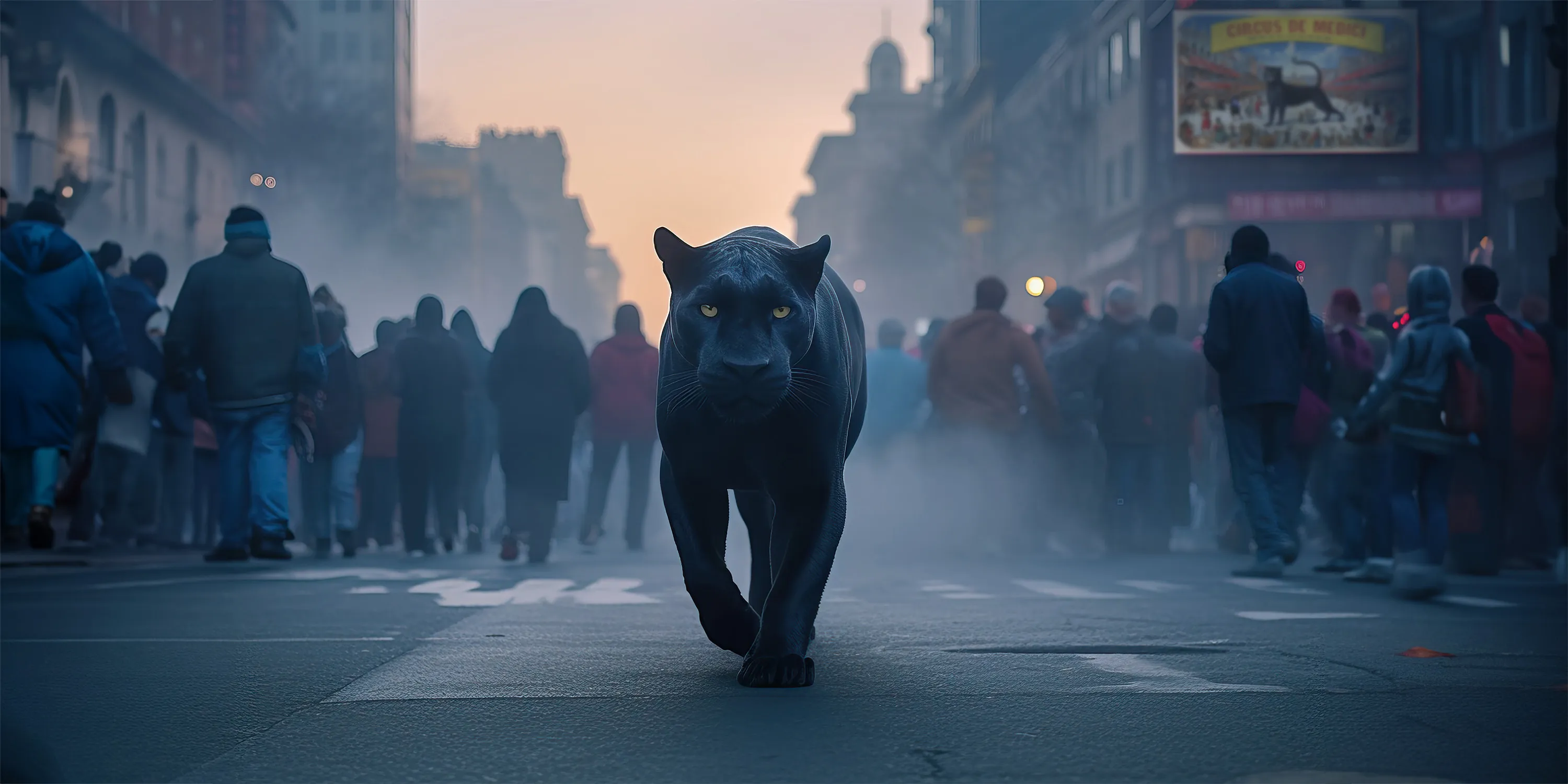 "Become who you are." - Friedrich Nietzsche

a black panther confidently traverses a city street at dawn, symbolizing a break away from societal expectations and conformity. In "The Book of Symbols: Reflections on Archetypal Images" the panther is described as a symbol of transformation and rebirth. It is associated with the Jungian shadow archetype and the need to confront and integrate hidden aspects of the self. 

The turned backs of the people signify their dismissal of unconventional choices, highlighting the isolation that can accompany personal growth and liberation.

The setting of dawn signifies a new day and a new beginning for the subject as they forge a unique path doing their own thing.

Ultimately "Escape" is about breaking free from the heard and leaving behind societal norms and realising your true potential and power.